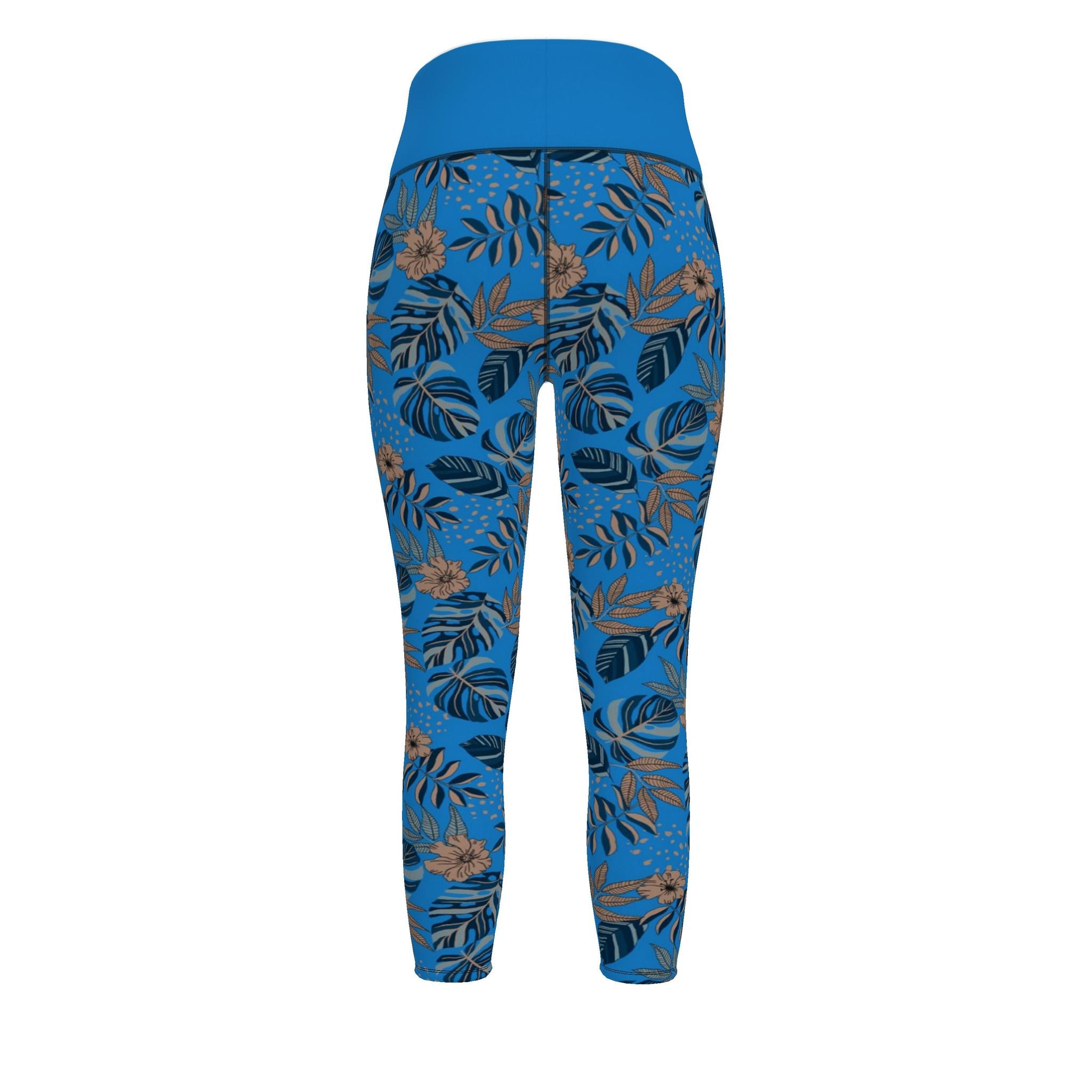 Women’s High-Waist Full-Length Performance Leggings — Midnight Monstera — Azure Blue