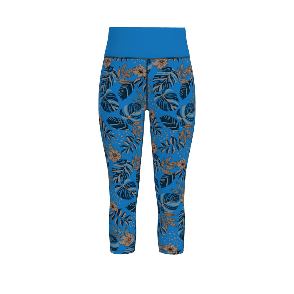 Women’s High-Waist Performance Leggings — Capri — Midnight Monstera — Azure Blue