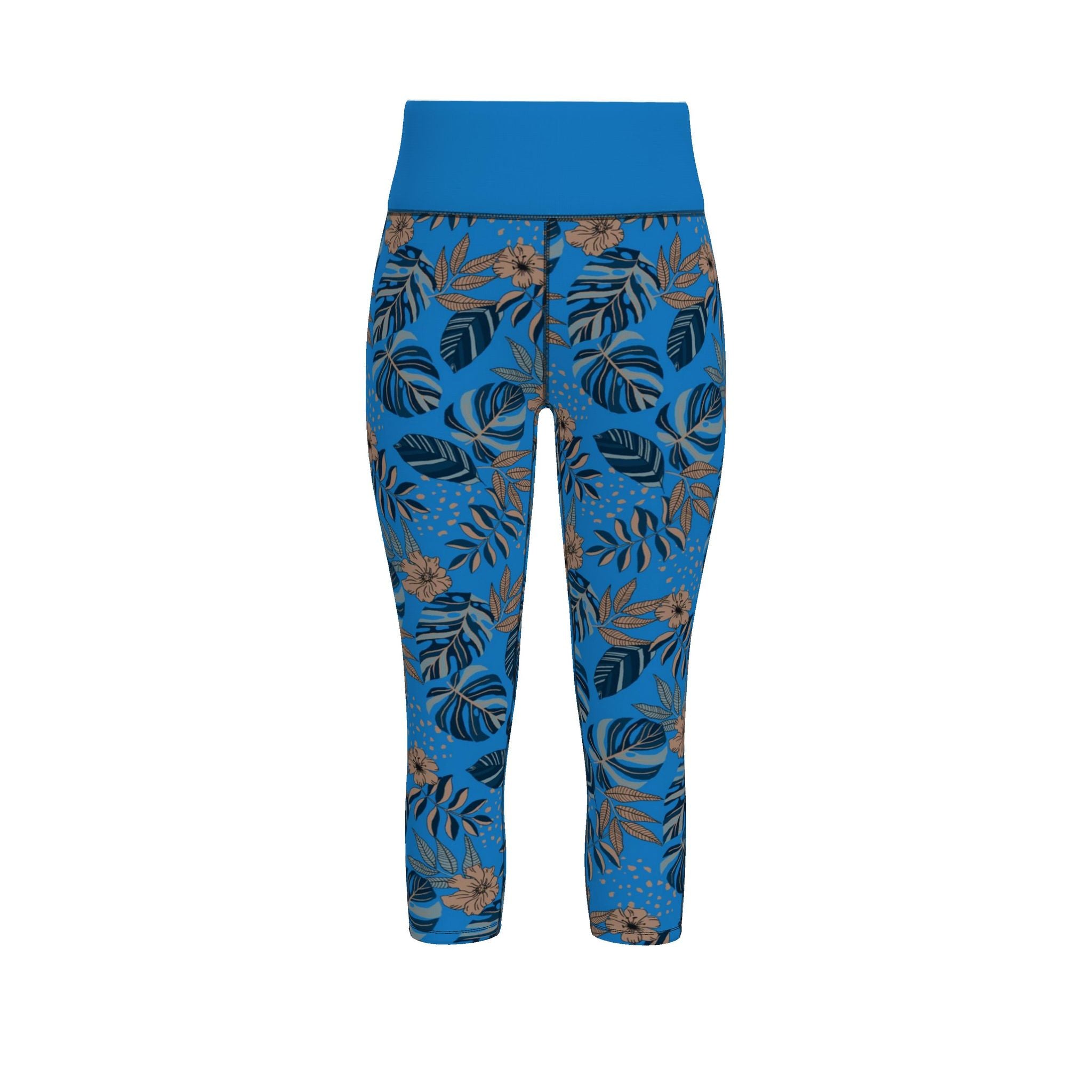 Women’s High-Waist Performance Leggings — Capri — Midnight Monstera — Azure Blue