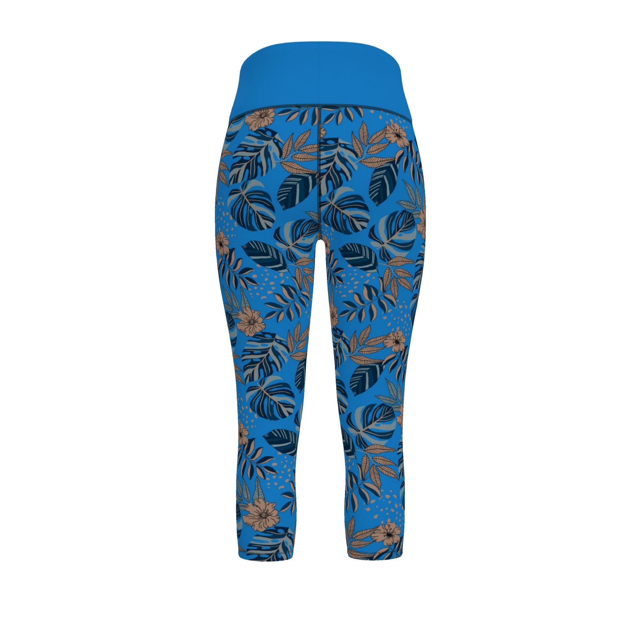Women’s High-Waist Performance Leggings — Capri — Midnight Monstera — Azure Blue