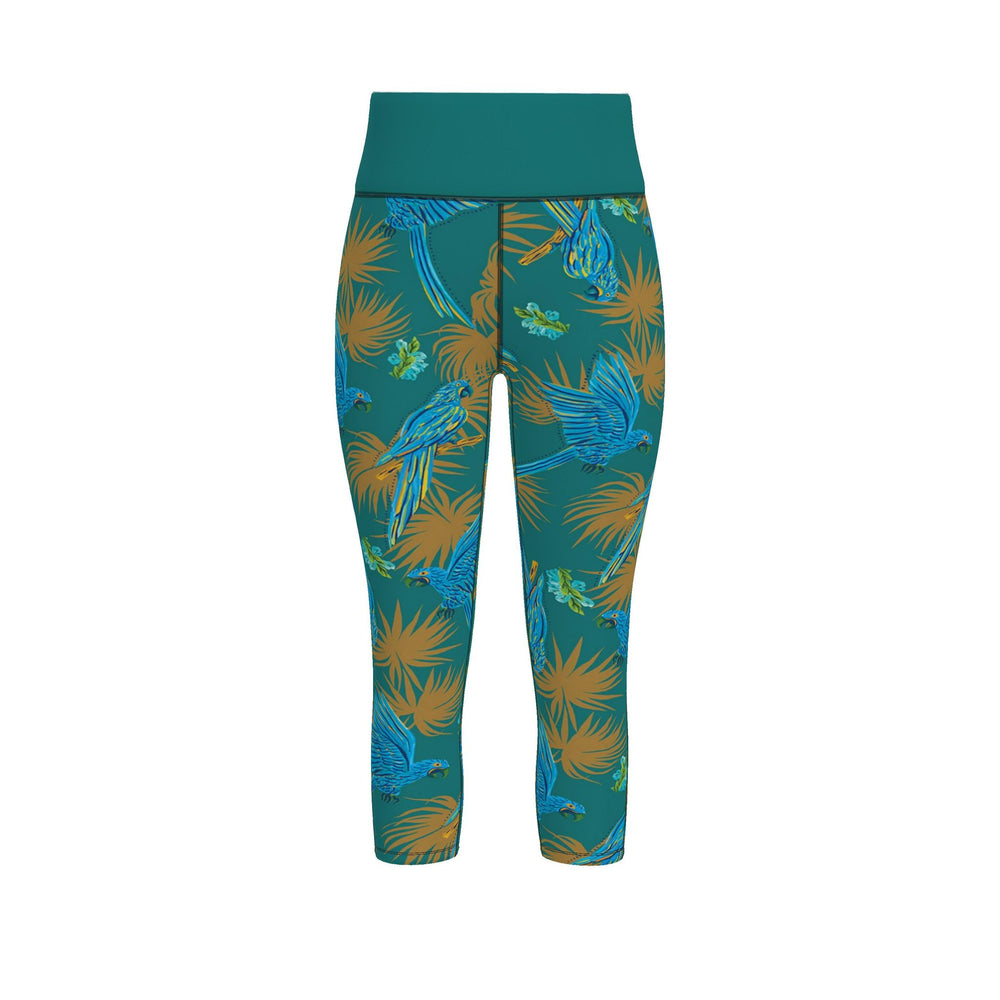 Tropical Macaw Palm Teal Women’s High-Waist Performance Leggings — Cap