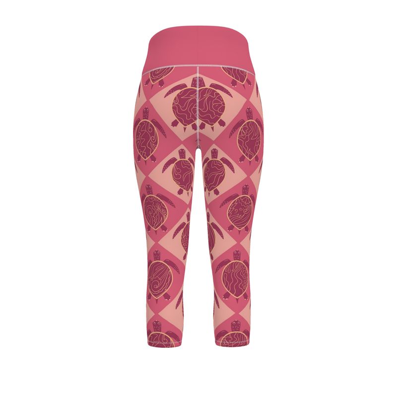 Women’s High-Waist Performance Leggings — Capri — Topo Turtles — Rosé Tide