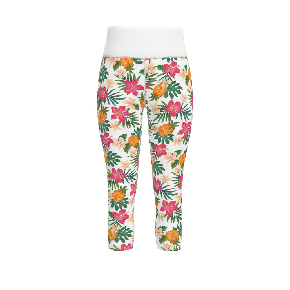 Women's High-Waist Performance Leggings — Capri — Pineapple Paradise — Coral Dreams