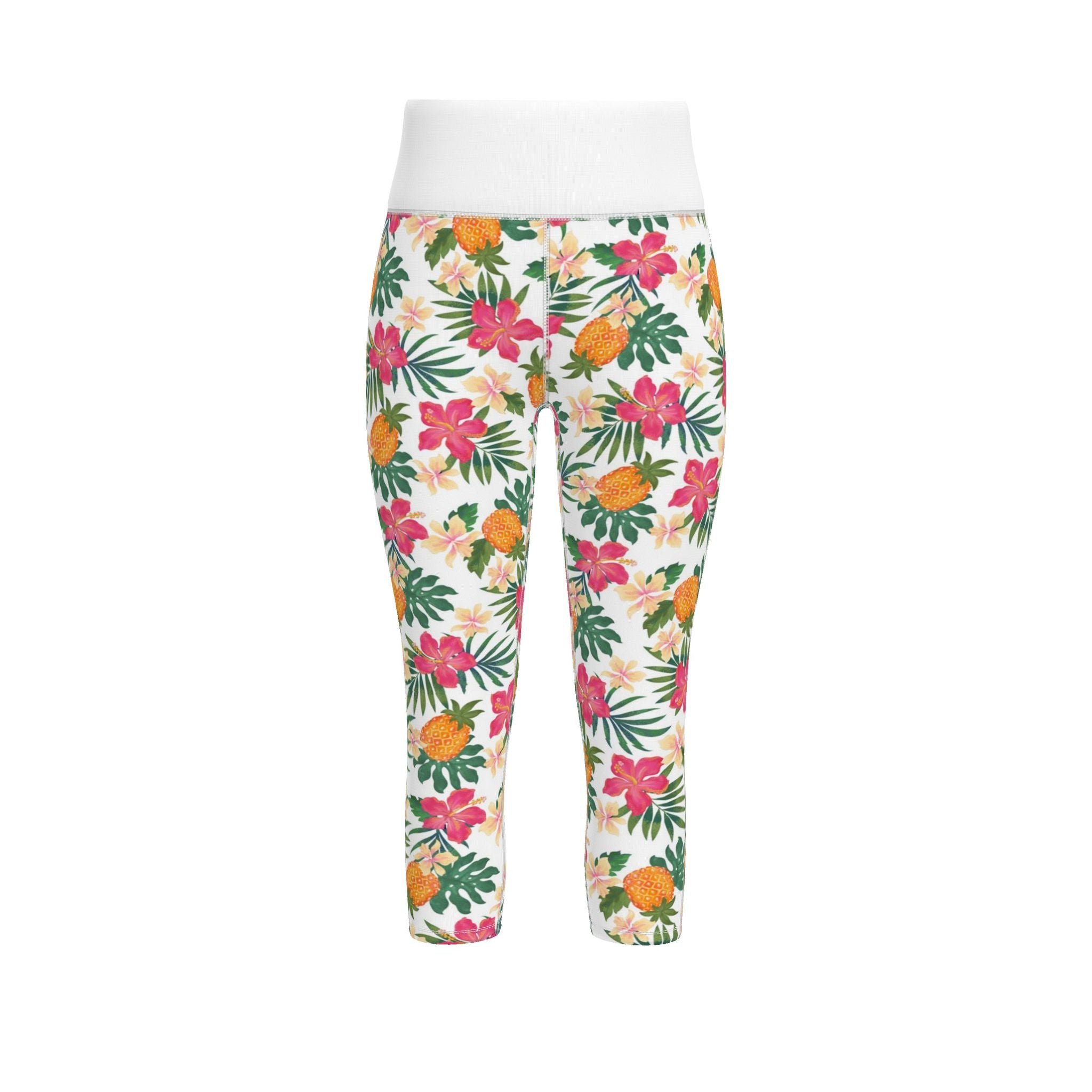 Women's High-Waist Performance Leggings — Capri — Pineapple Paradise — Coral Dreams