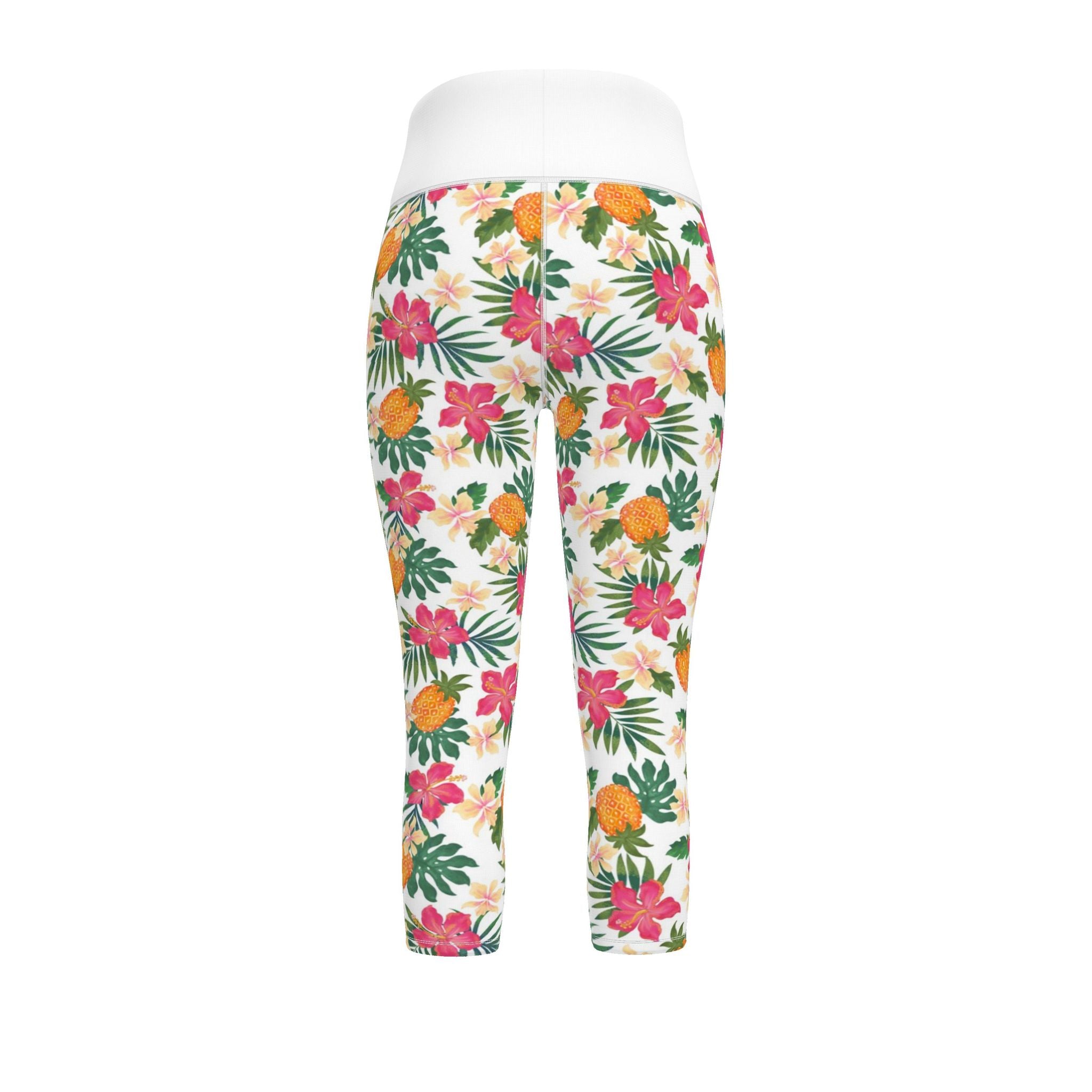 Women's High-Waist Performance Leggings — Capri — Pineapple Paradise — Coral Dreams