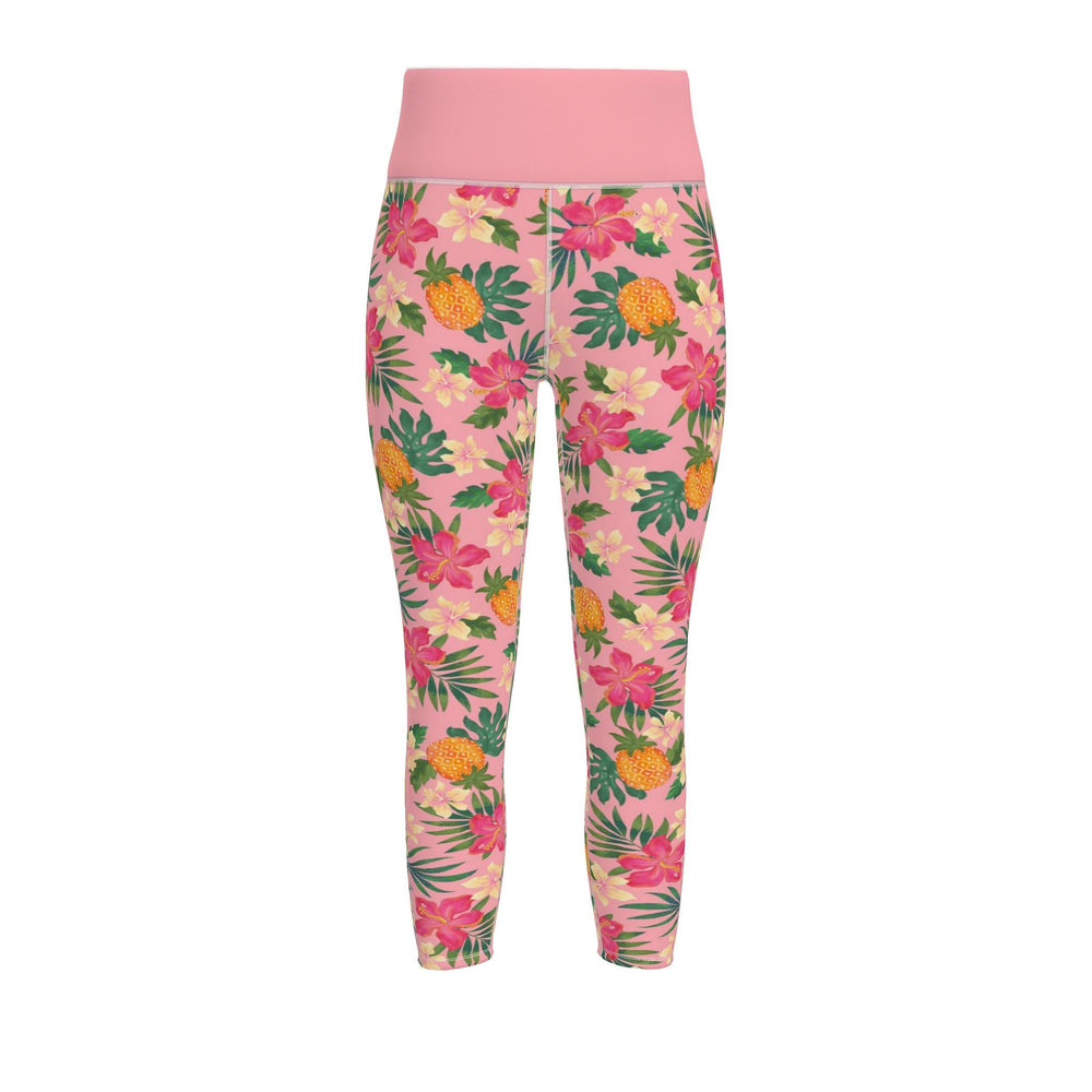 Women's High-Waist Full-Length Performance Leggings — Pineapple Paradise — Hibiscus Blush