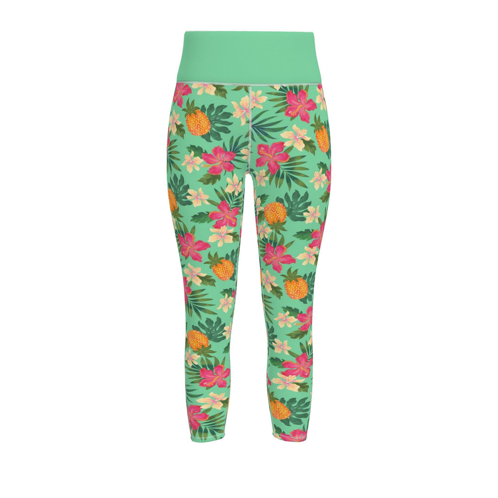 Women's High-Waist Full-Length Leggings — Pineapple Paradise — Aloe Mist