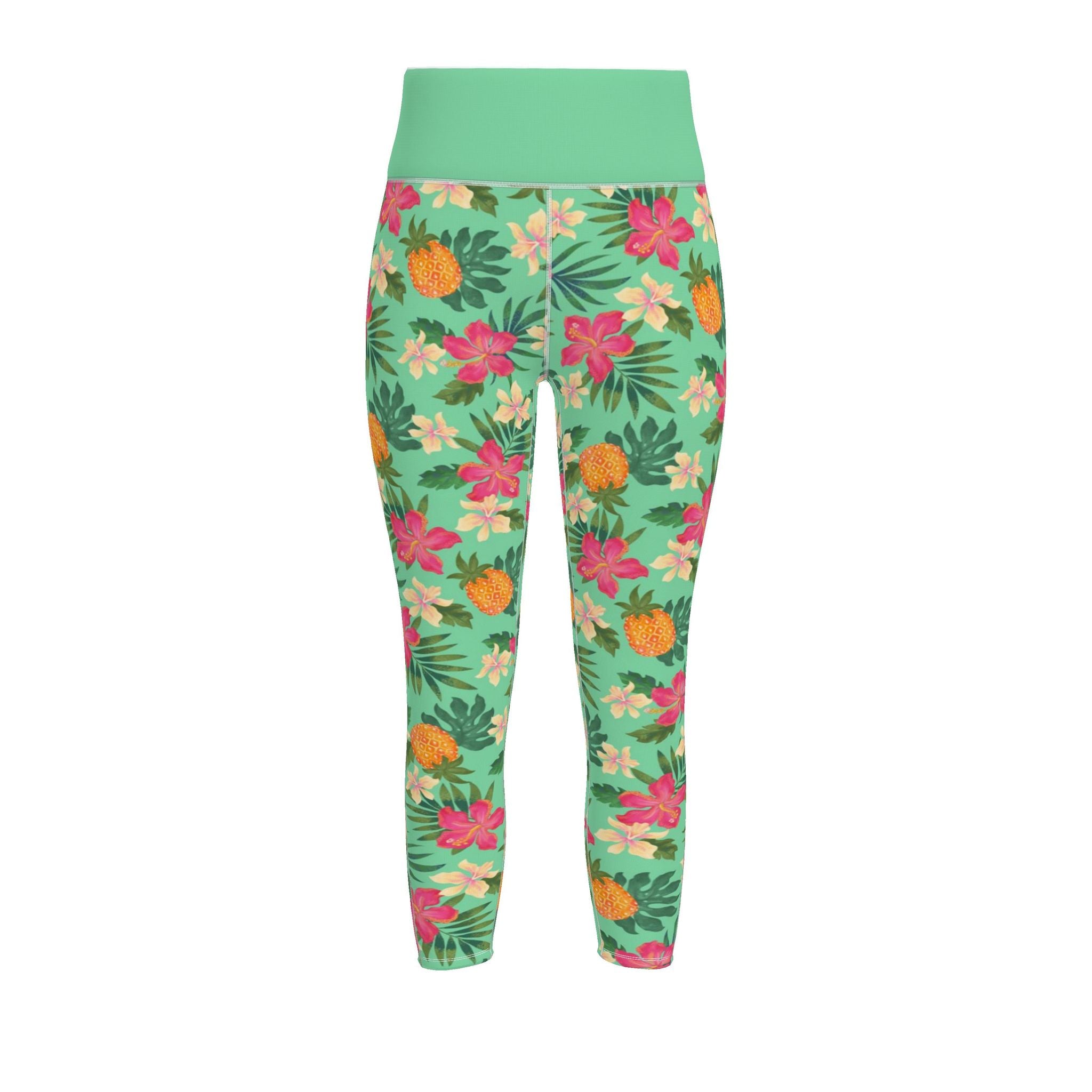Women's High-Waist Full-Length Leggings — Pineapple Paradise — Aloe Mist