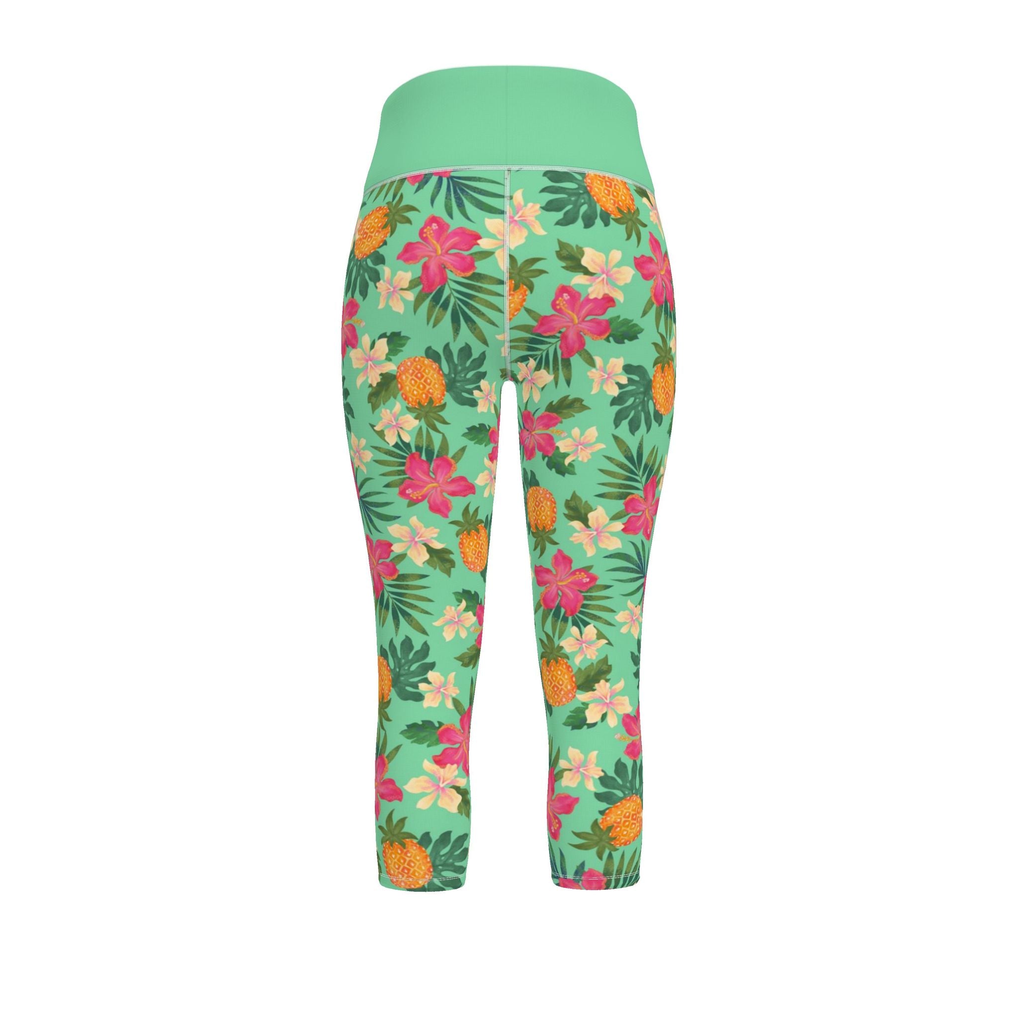 Women's High-Waist Performance Leggings — Capri — Pineapple Paradise — Aloe Mist