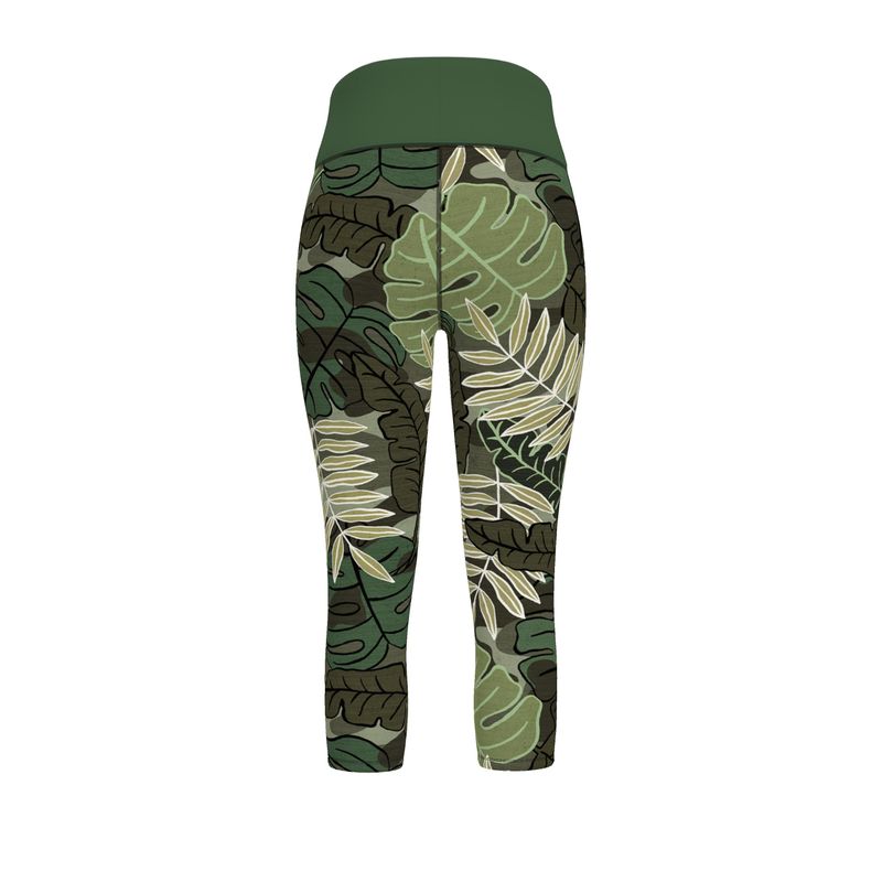 Women's High-Waist Performance Leggings — Capri — Camo Leaves
