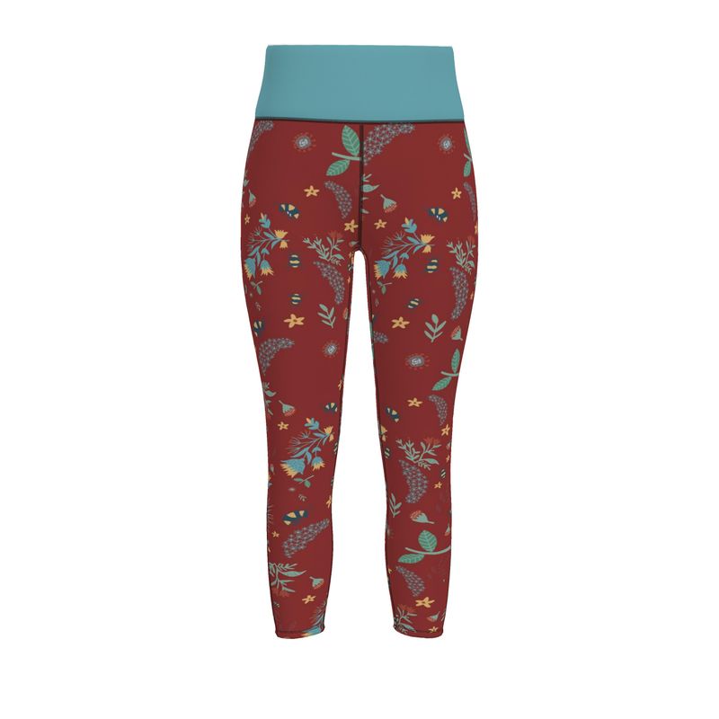 Women's High-Waist Full-Length Performance Leggings — Bee Garden Rustic Bloom