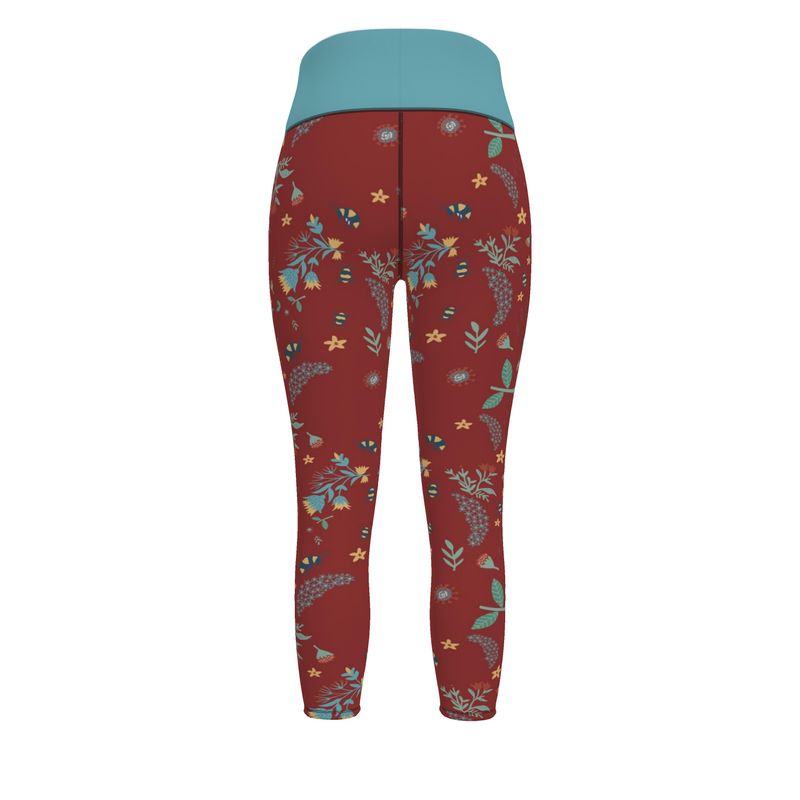 Women's High-Waist Full-Length Performance Leggings — Bee Garden Rustic Bloom