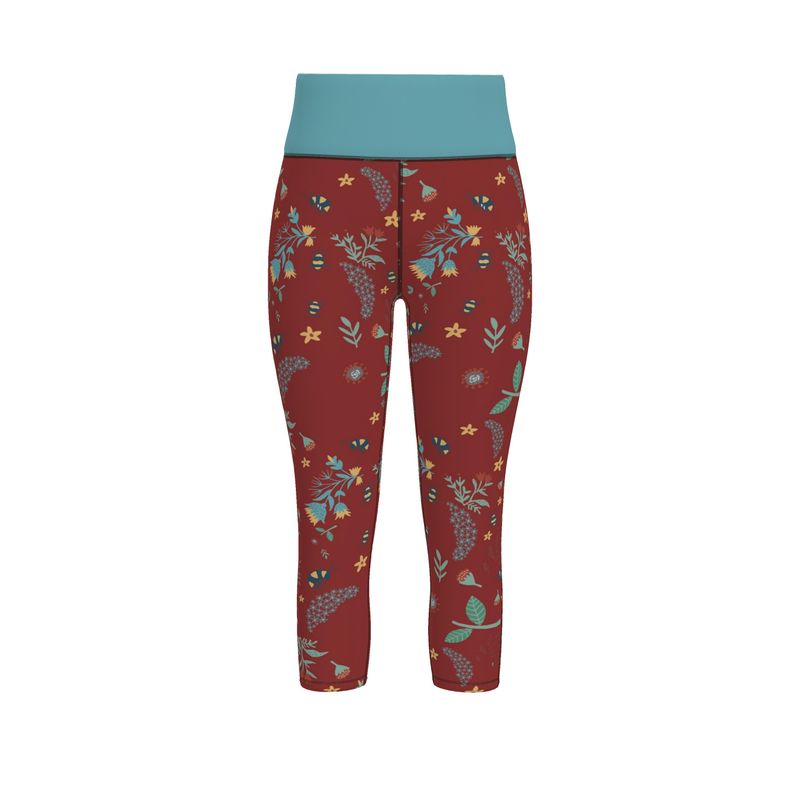 Women's High-Waist Performance Capri Leggings — Bee Garden Rustic Bloom