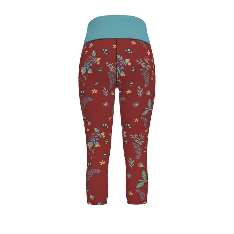 Women's High-Waist Performance Capri Leggings — Bee Garden Rustic Bloom