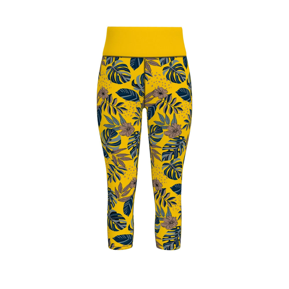 Women's High-Waist Performance Leggings — Capri — Midnight Monstera — Honey Gold
