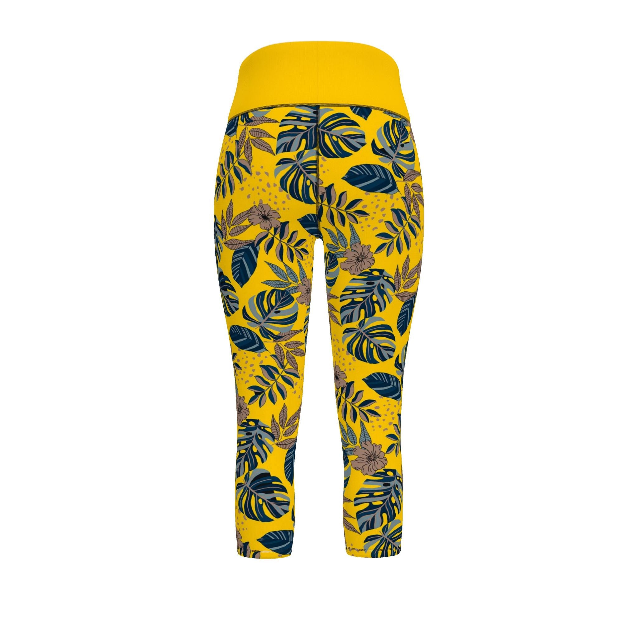 Women's High-Waist Performance Leggings — Capri — Midnight Monstera — Honey Gold