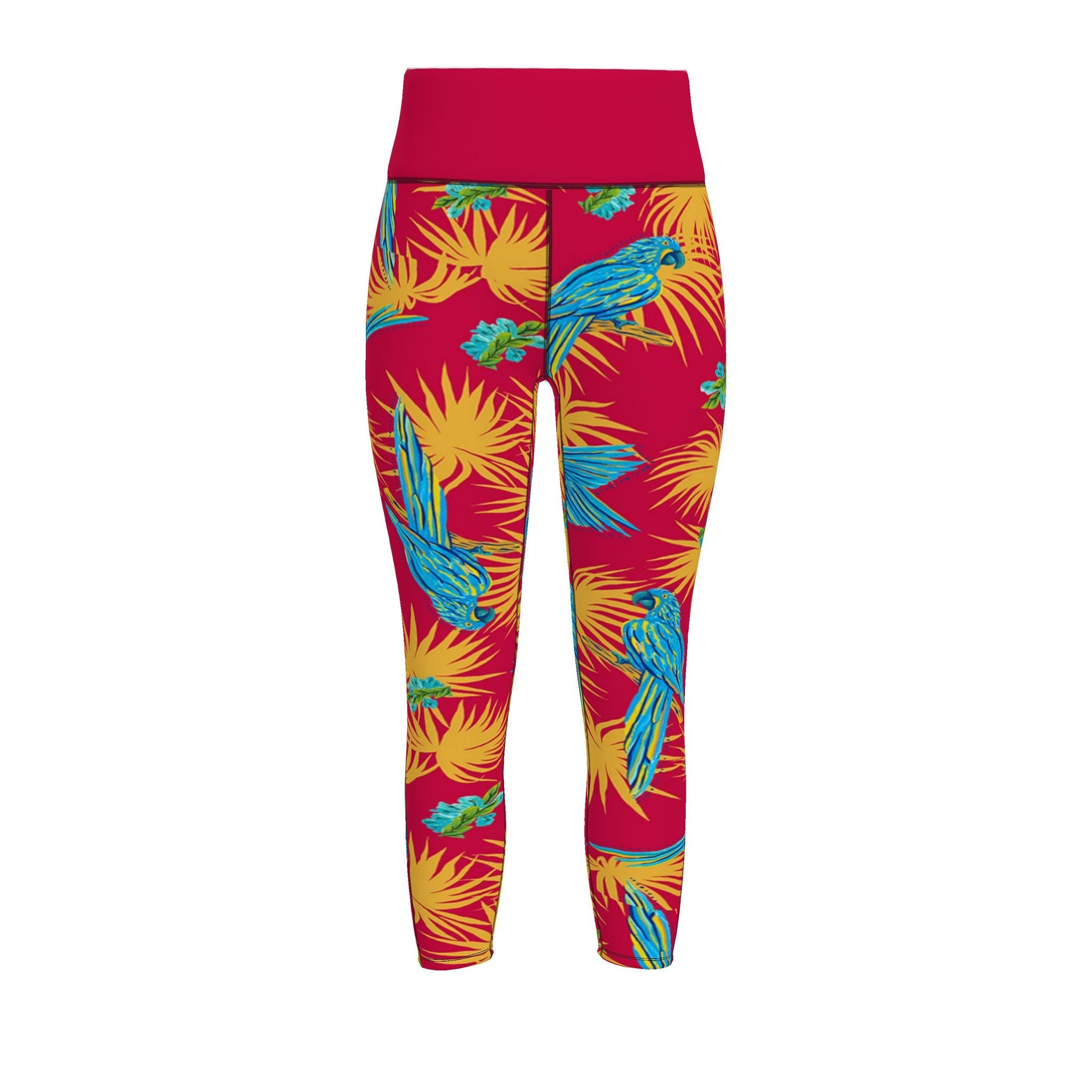 Women's High-Waist Full-Length Performance Leggings — Tropical Macaw — Samba Red