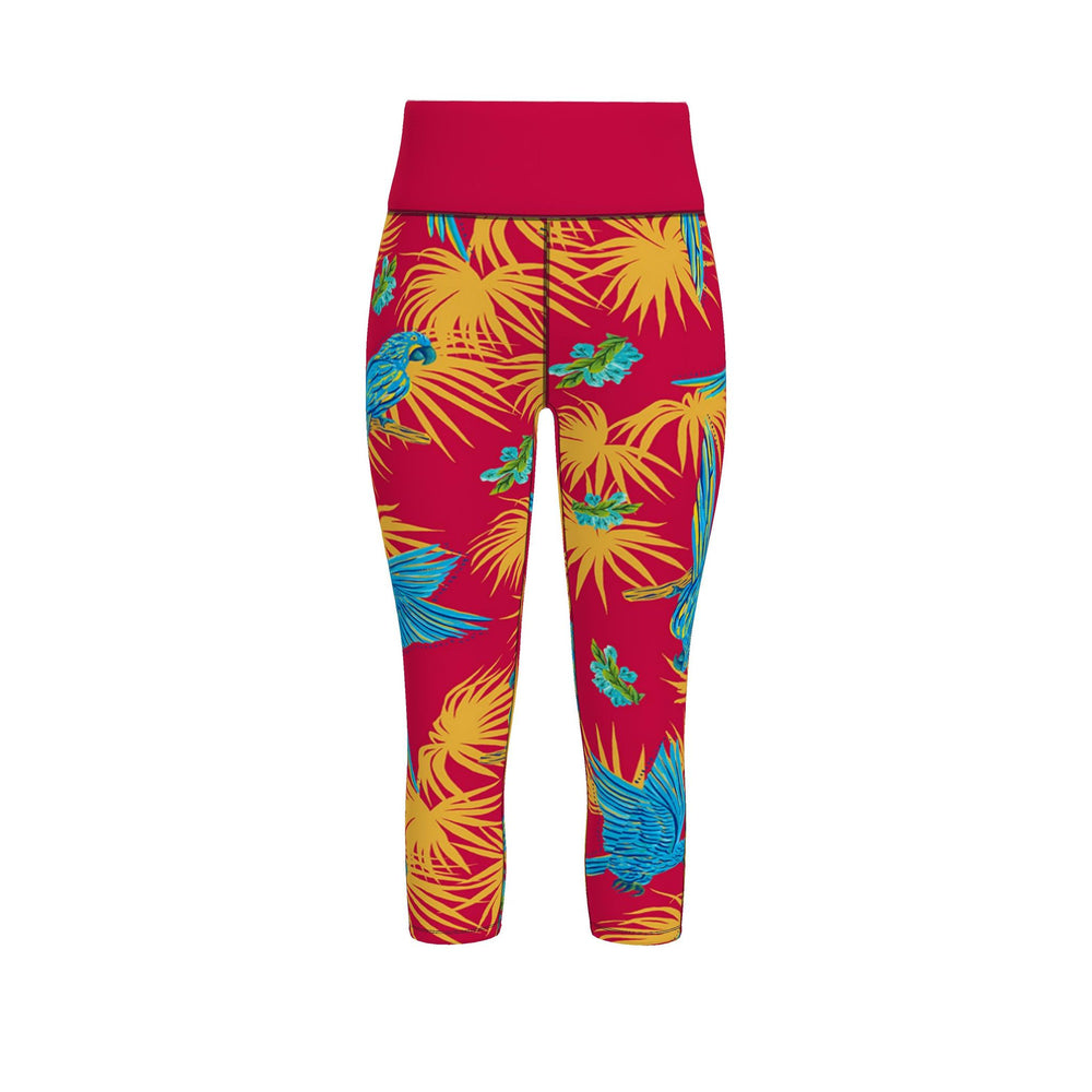 Women's High-Waist Performance Leggings — Capri — Tropical Macaw — Samba Red