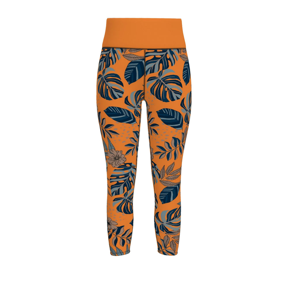 Women's High-Waist Full-Length Performance Leggings — Midnight Monstera Cadmium Orange