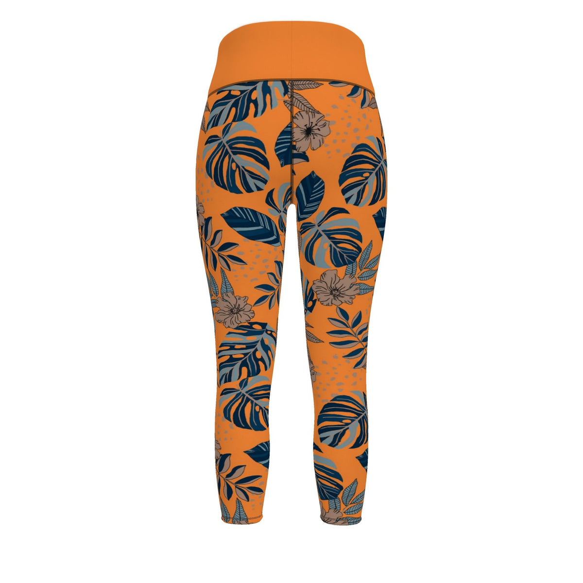 Women's High-Waist Full-Length Performance Leggings — Midnight Monstera Cadmium Orange