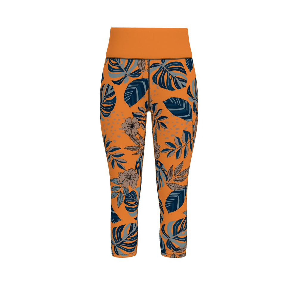 Women's High-Waist Capri Performance Leggings — Midnight Monstera Cadmium Orange