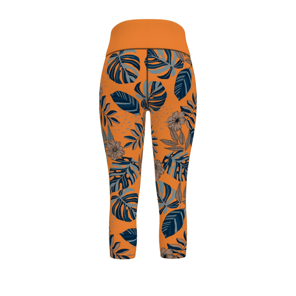 Women's High-Waist Capri Performance Leggings — Midnight Monstera Cadmium Orange