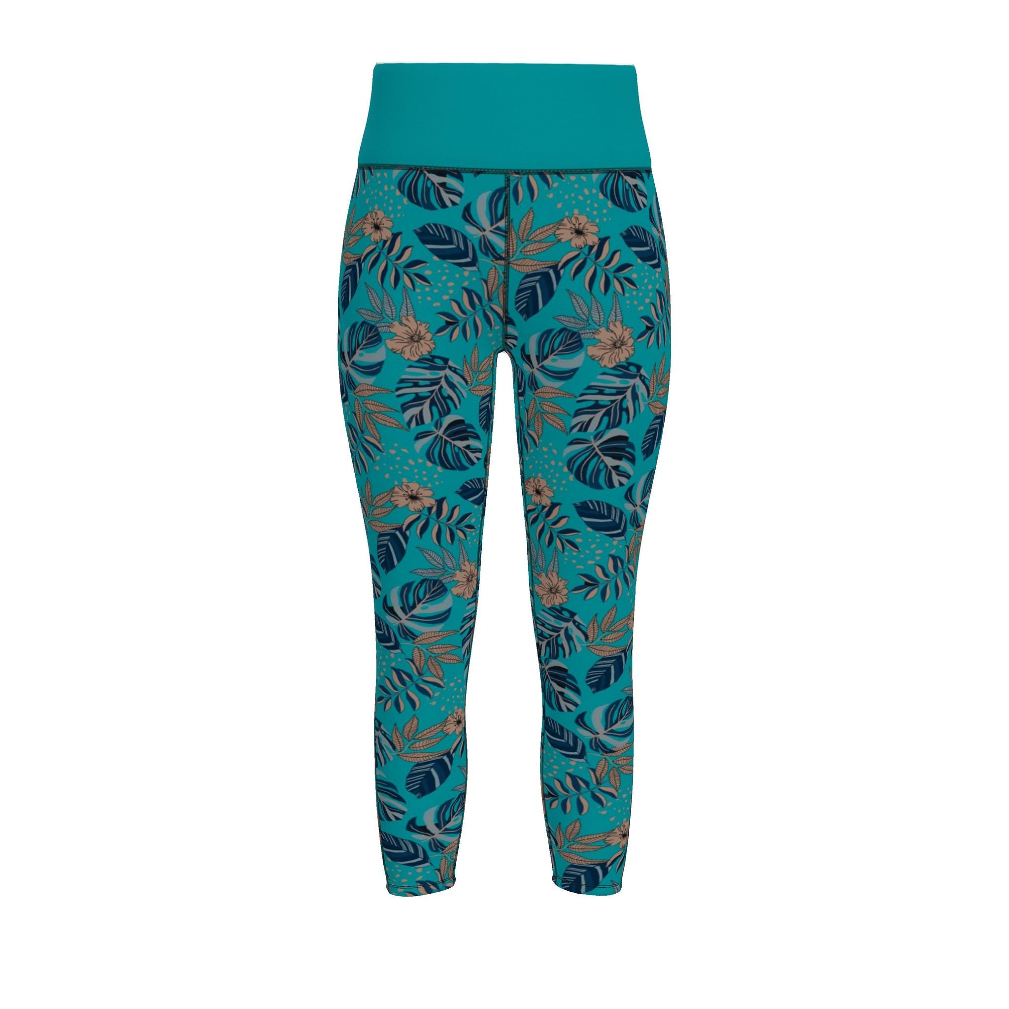 Women's High-Waist Full-Length Performance Leggings — Midnight Monstera — Cyan Noir