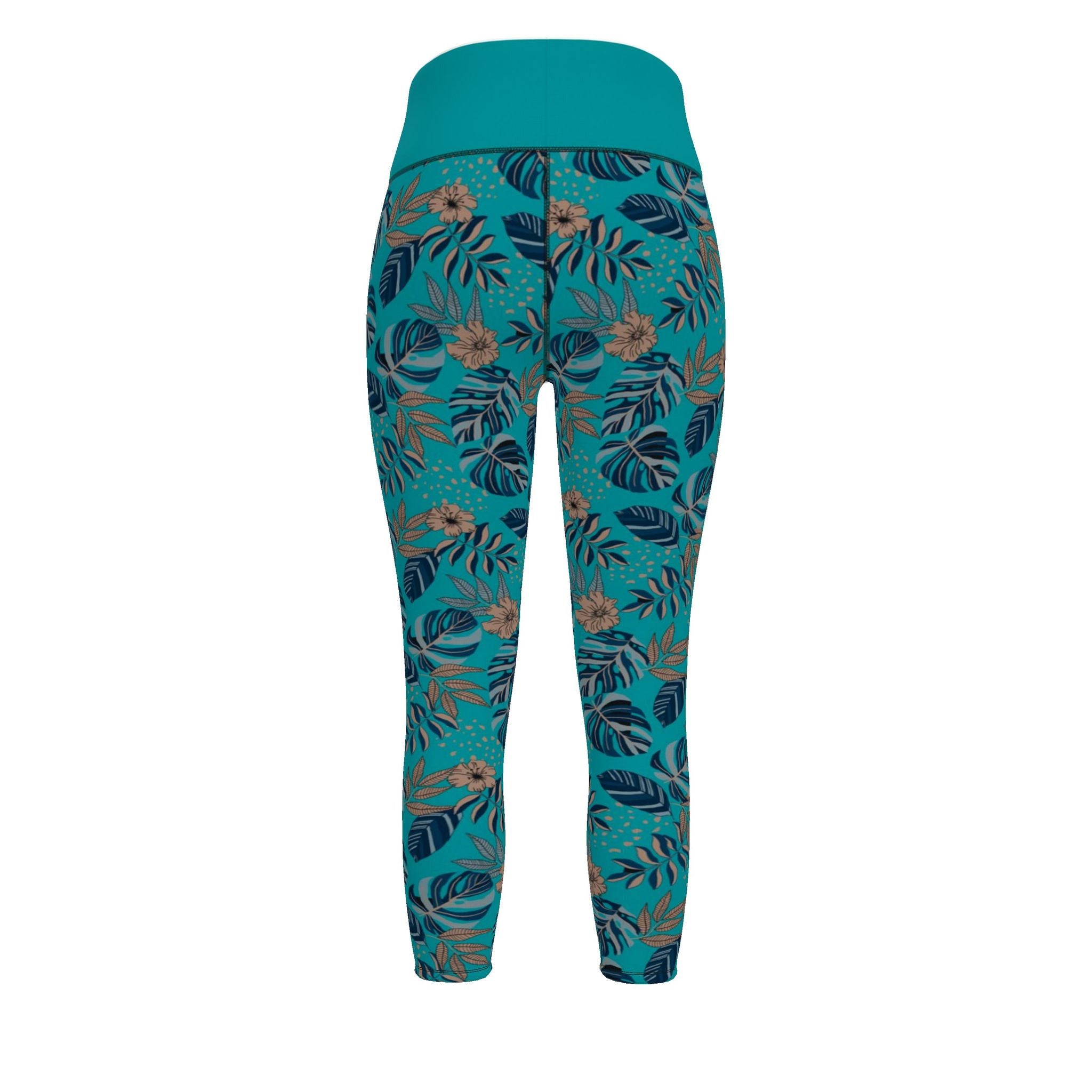 Women's High-Waist Full-Length Performance Leggings — Midnight Monstera — Cyan Noir