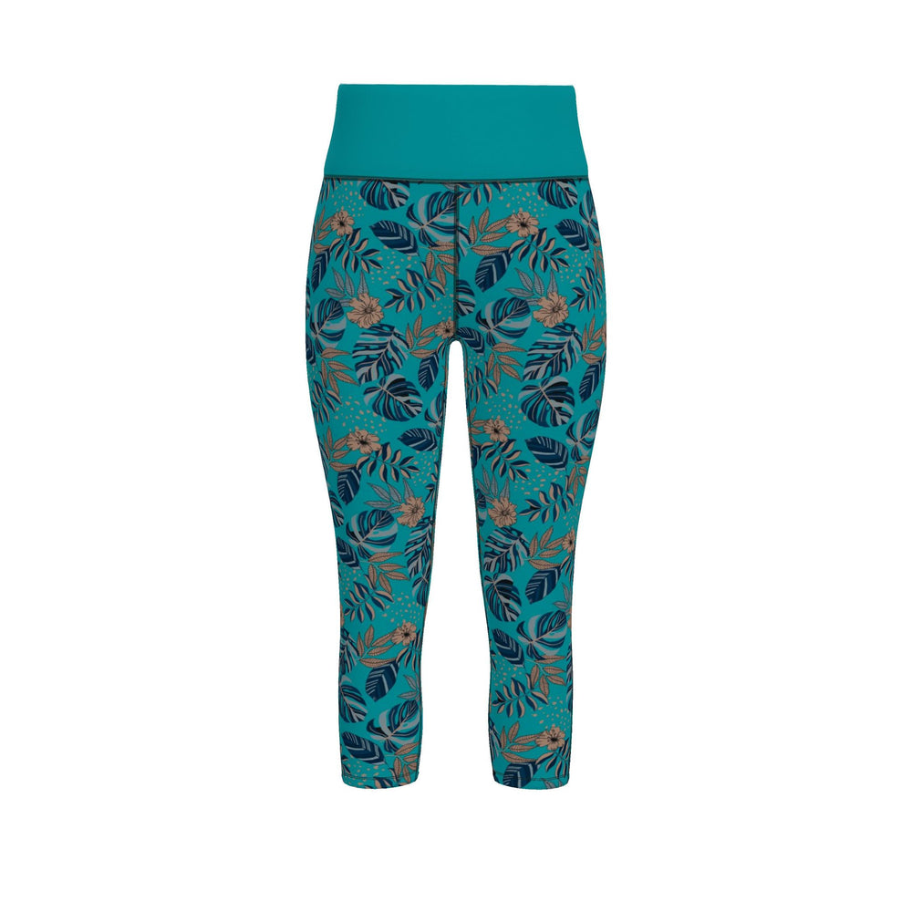 Women's High-Waist Performance Leggings — Capri — Midnight Monstera — Cyan Noir