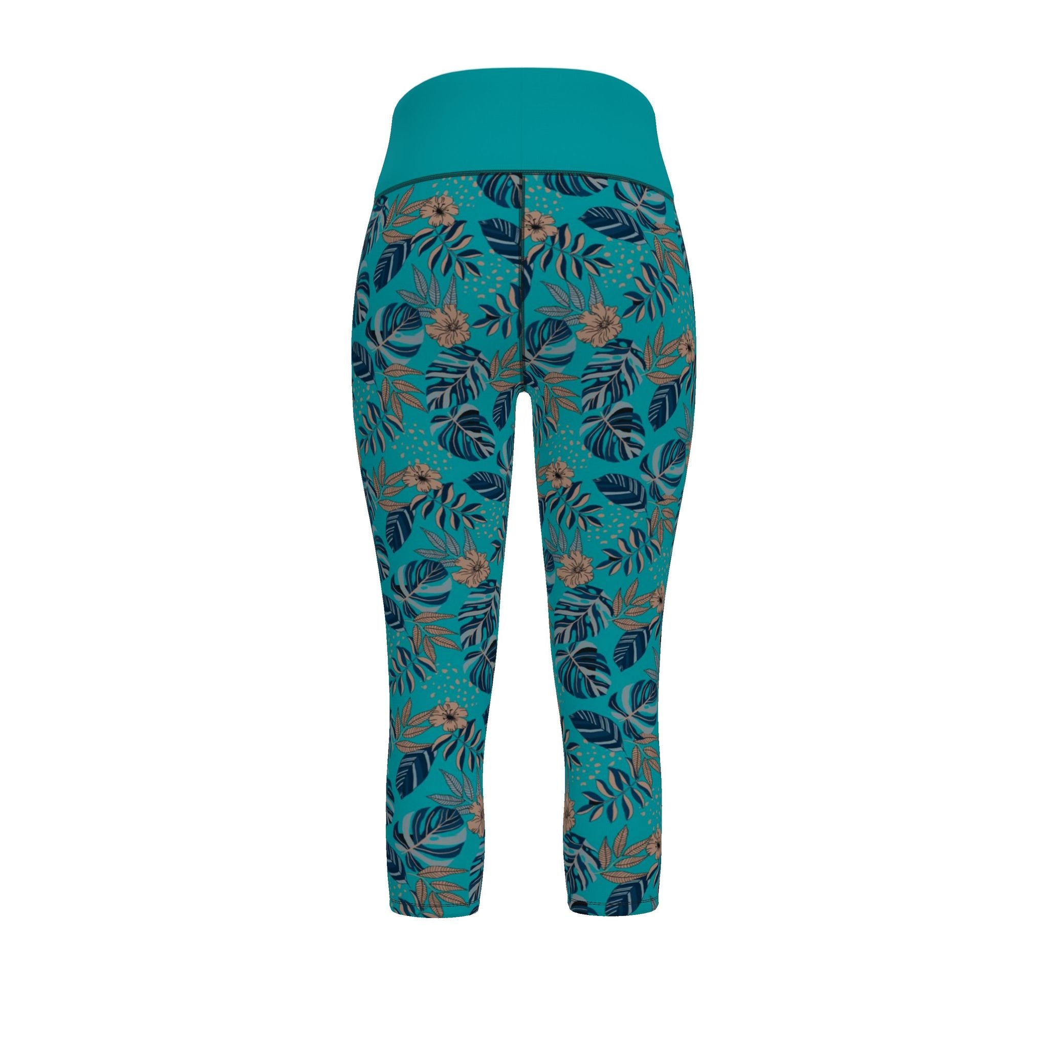 Women's High-Waist Performance Leggings — Capri — Midnight Monstera — Cyan Noir