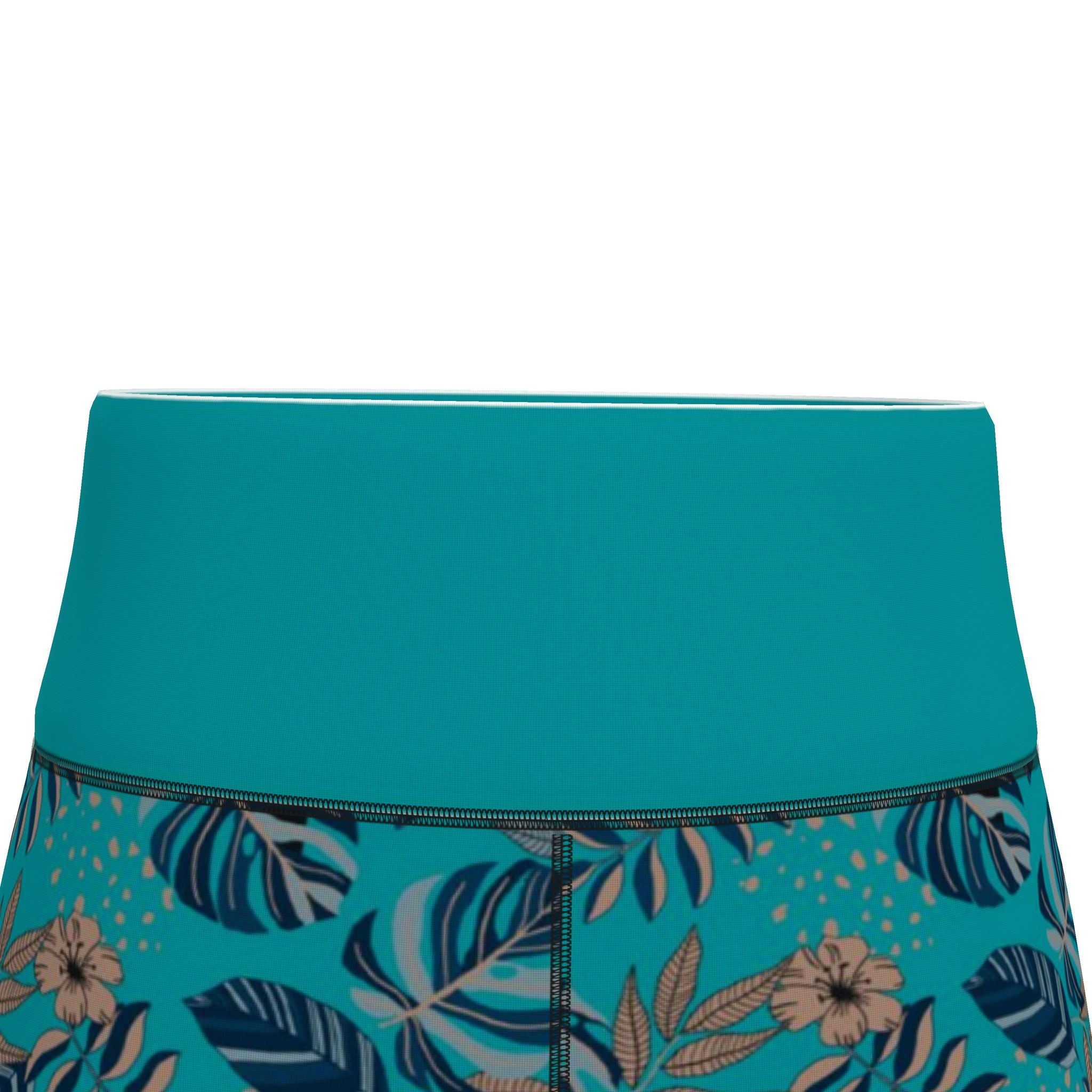 Women's High-Waist Performance Leggings — Capri — Midnight Monstera — Cyan Noir