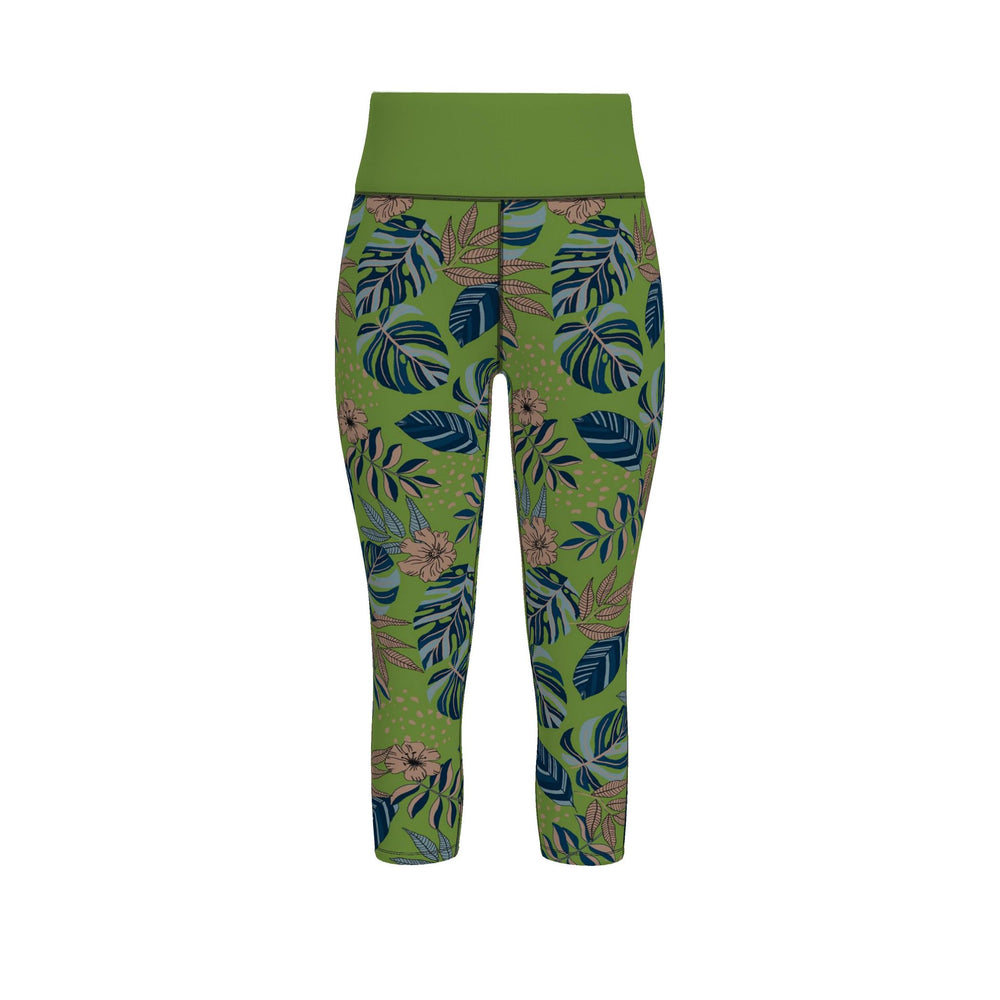 Women's High-Waist Performance Leggings — Capri — Midnight Monstera — Olive Velour