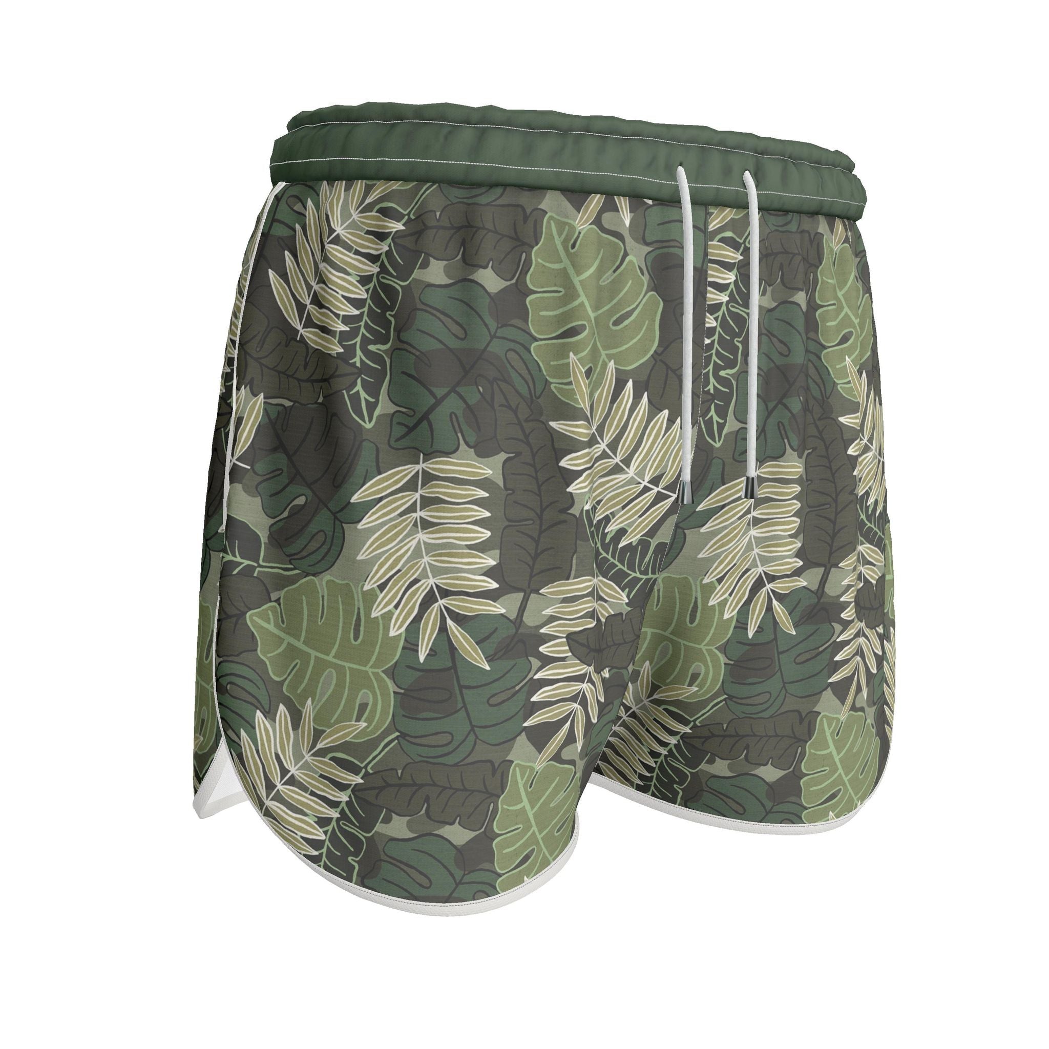 Women's Athletic Shorts — White Trim — Camo Leaves