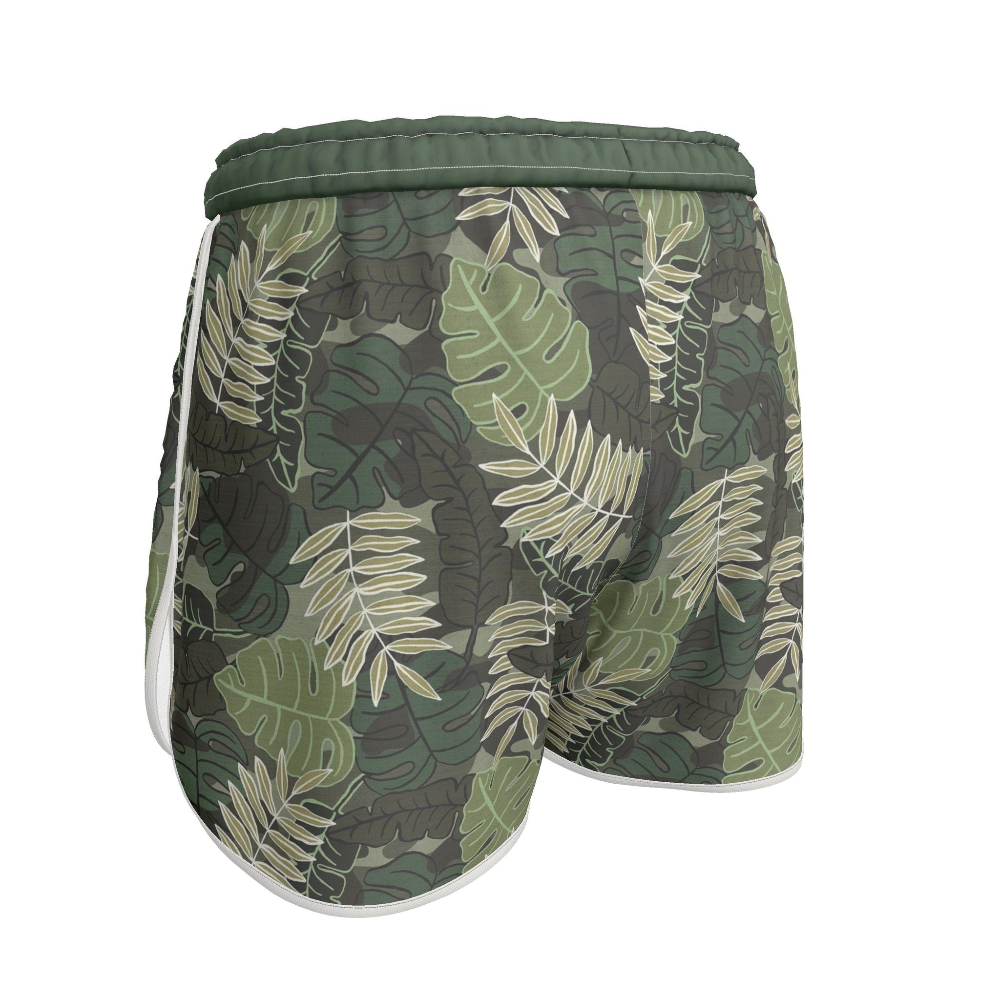 Women's Athletic Shorts — White Trim — Camo Leaves