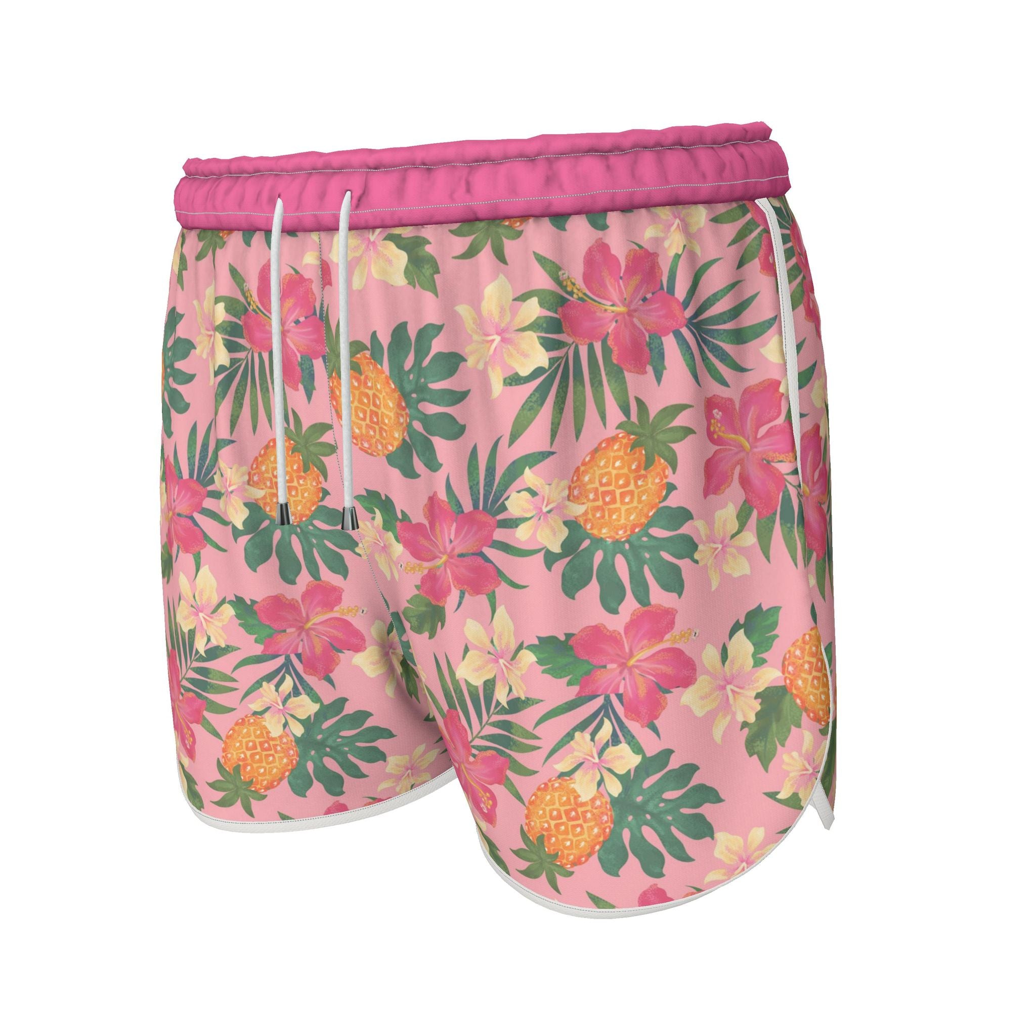 Women's Athletic Shorts — White Trim — Pineapple Paradise Hibiscus Blush