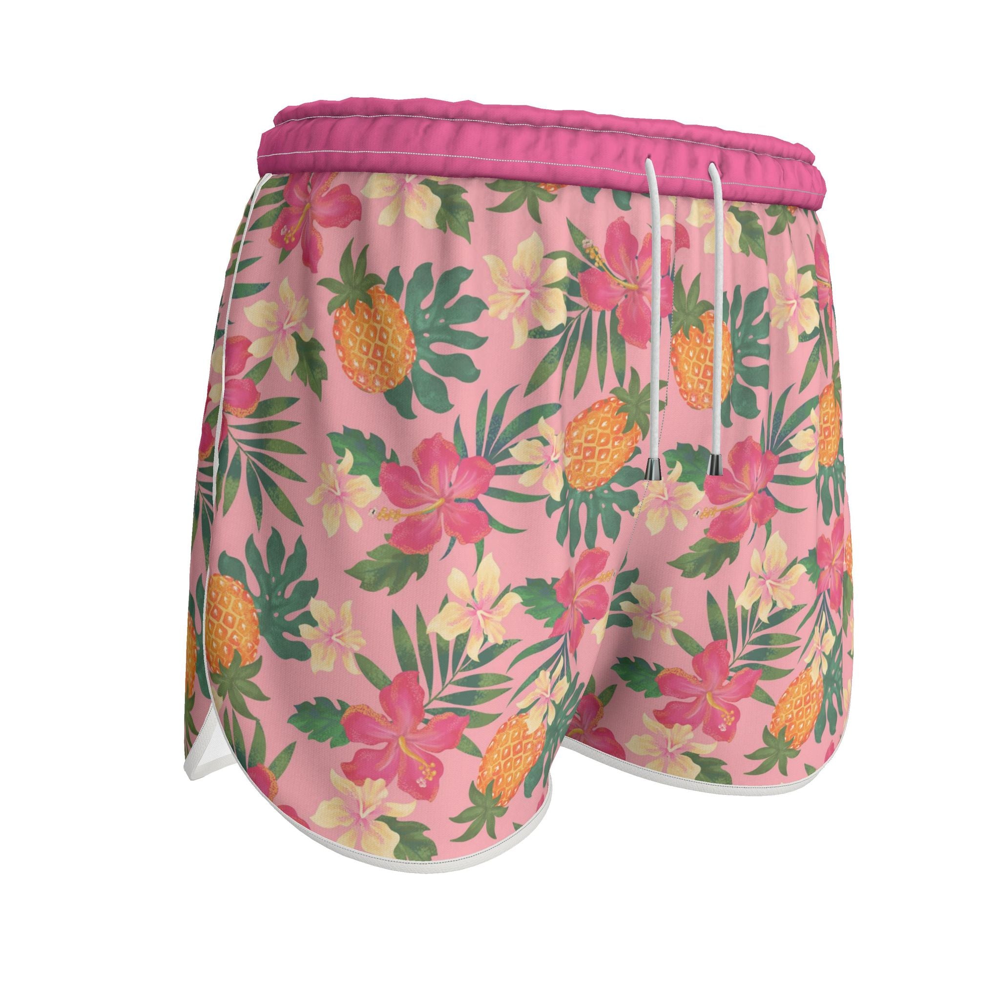 Women's Athletic Shorts — White Trim — Pineapple Paradise Hibiscus Blush