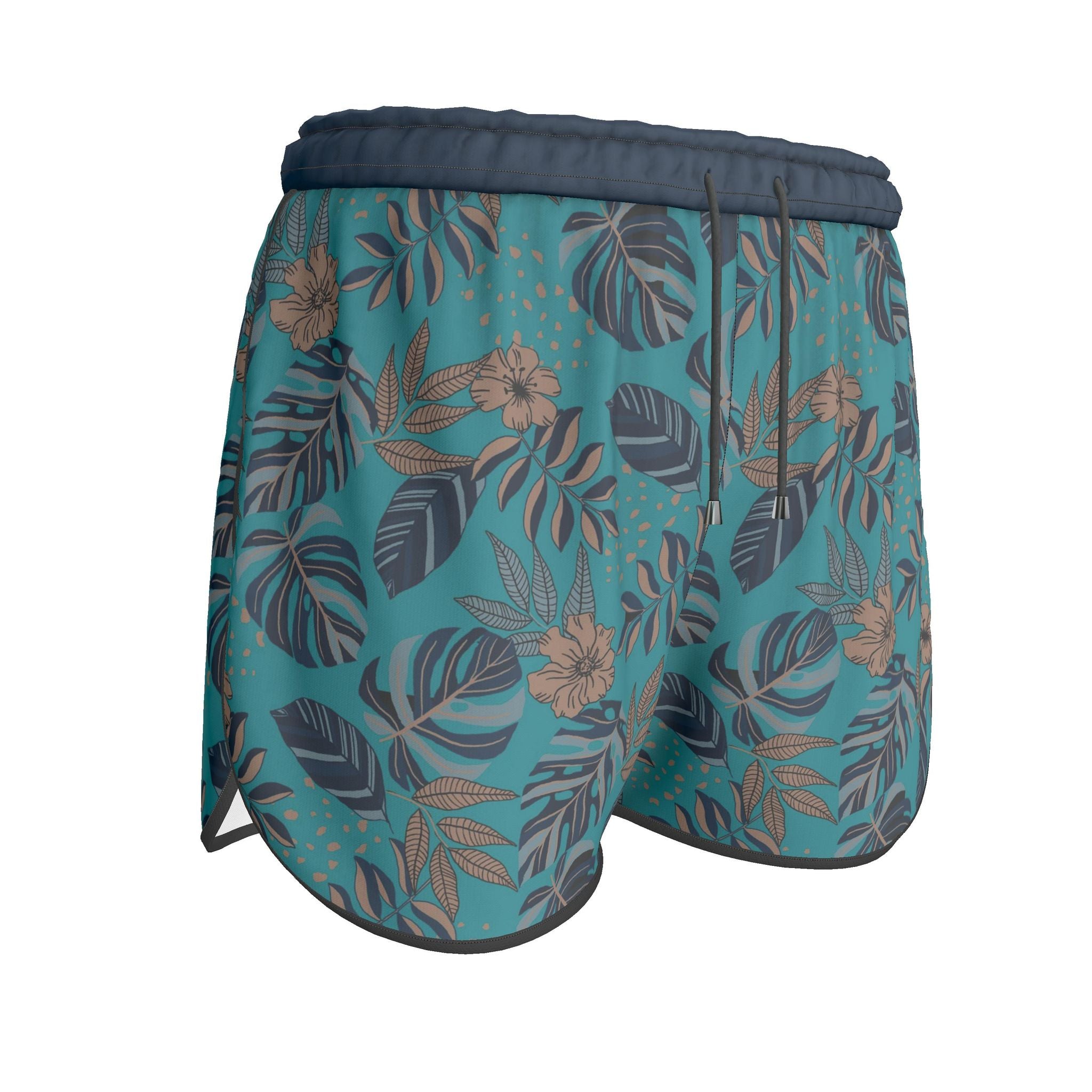Women's Athletic Shorts — Black Trim — Midnight Monstera Cyan Noir