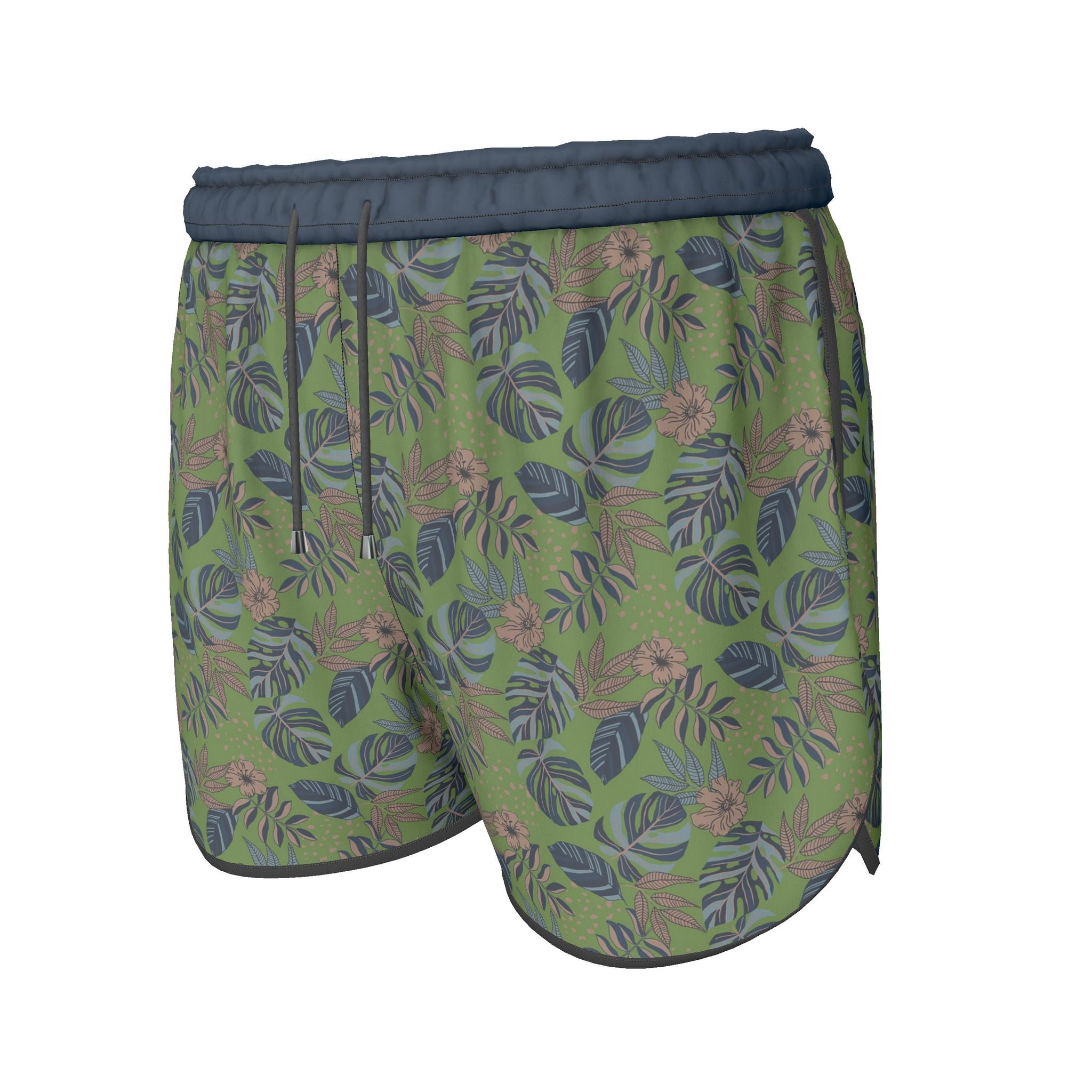 Women's Athletic Shorts — Black Trim — Midnight Monstera Olive Green