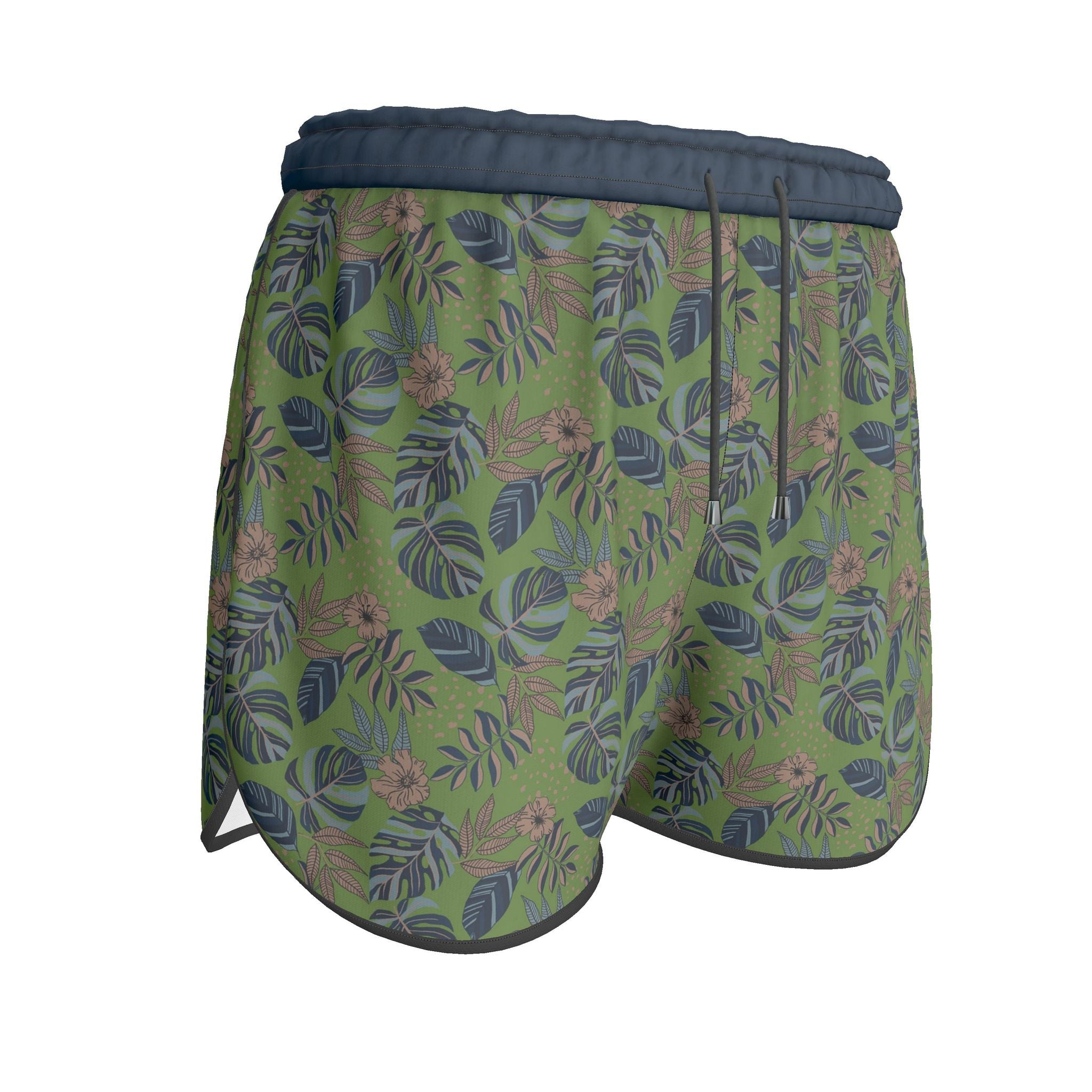 Women's Athletic Shorts — Black Trim — Midnight Monstera Olive Green