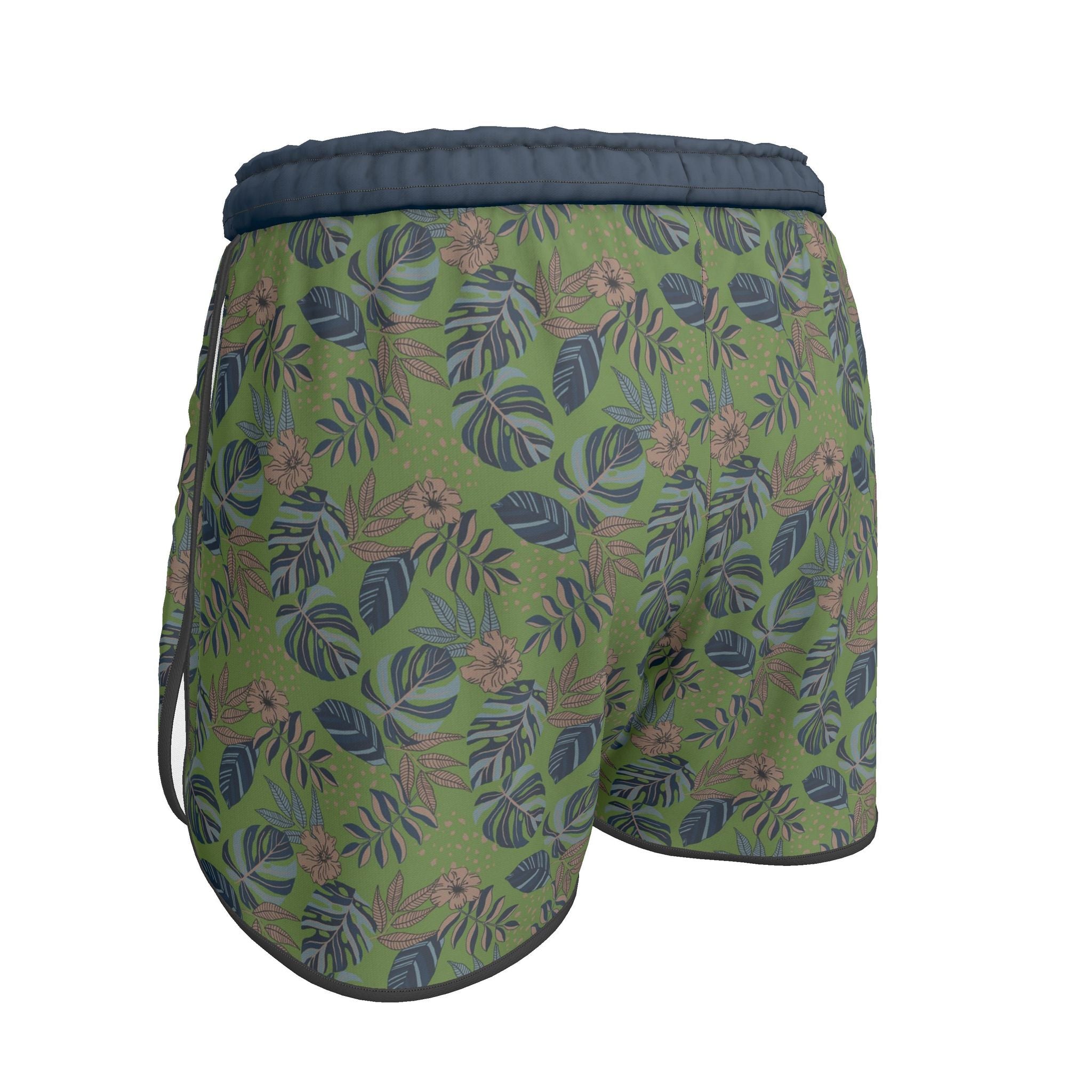 Women's Athletic Shorts — Black Trim — Midnight Monstera Olive Green