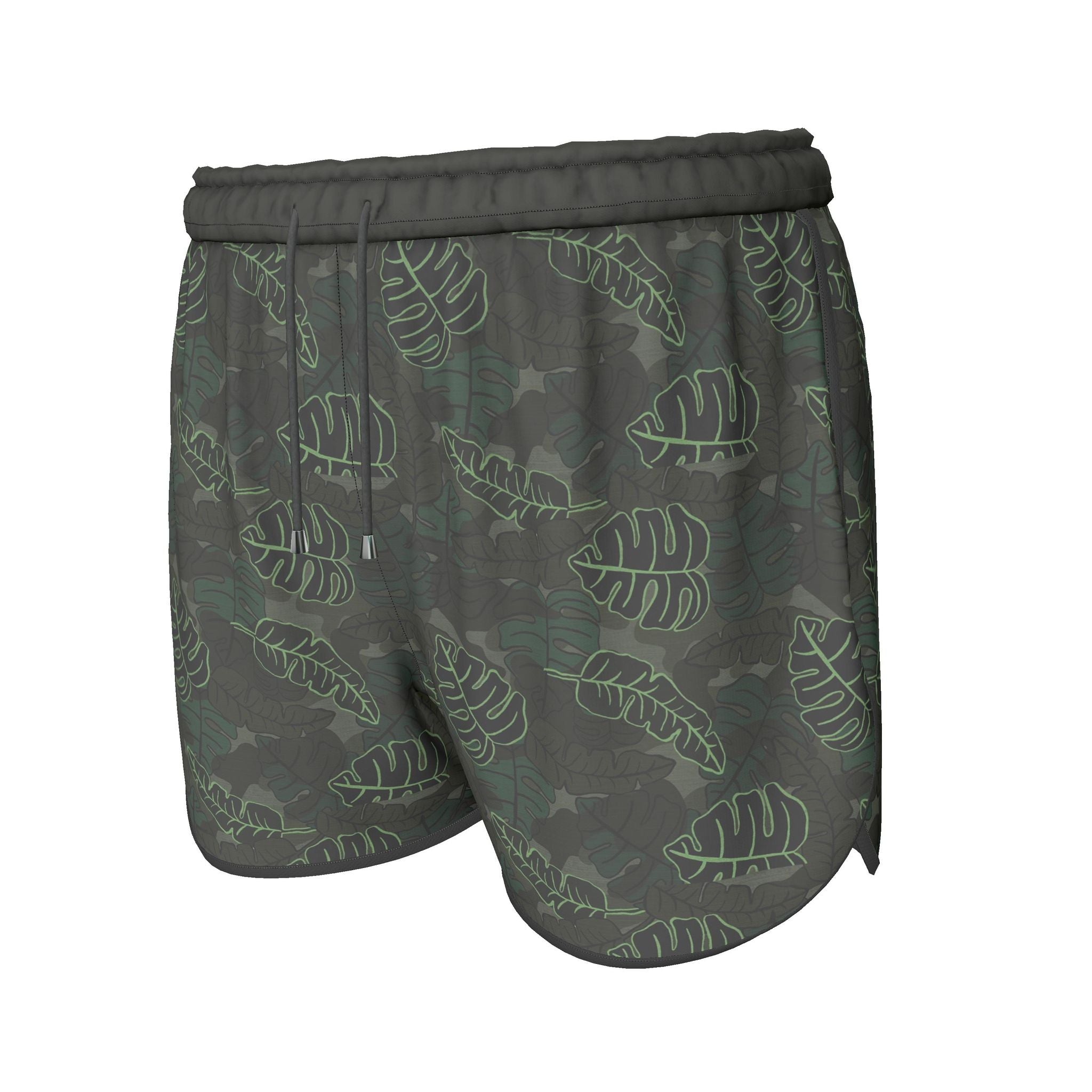 Women's Athletic Shorts — Black Trim — Camo Leaves Sage Noir