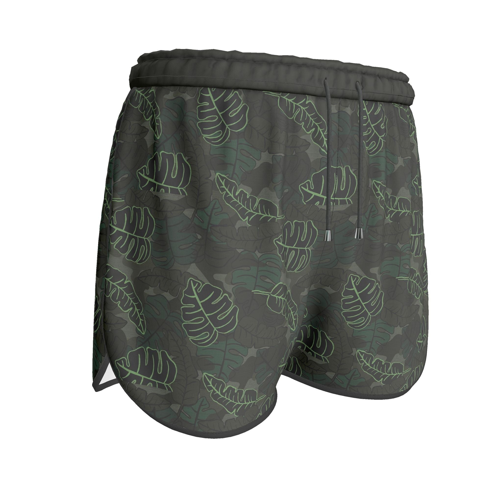 Women's Athletic Shorts — Black Trim — Camo Leaves Sage Noir