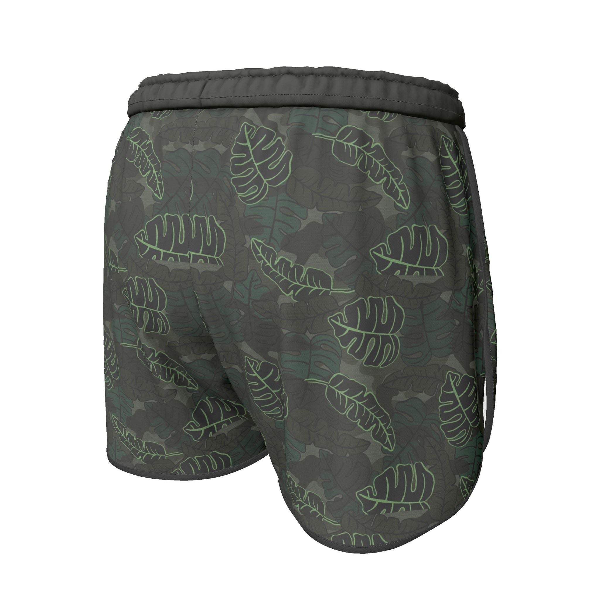 Women's Athletic Shorts — Black Trim — Camo Leaves Sage Noir