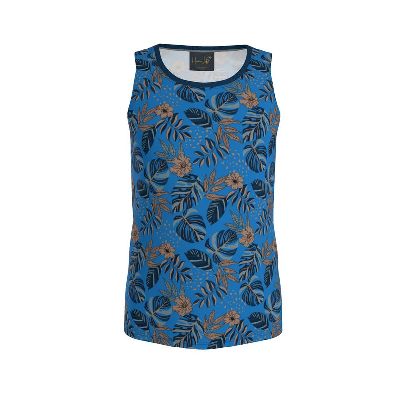 Midnight Monstera Azure Blue Men’s Athletic Hybrid Tank Top