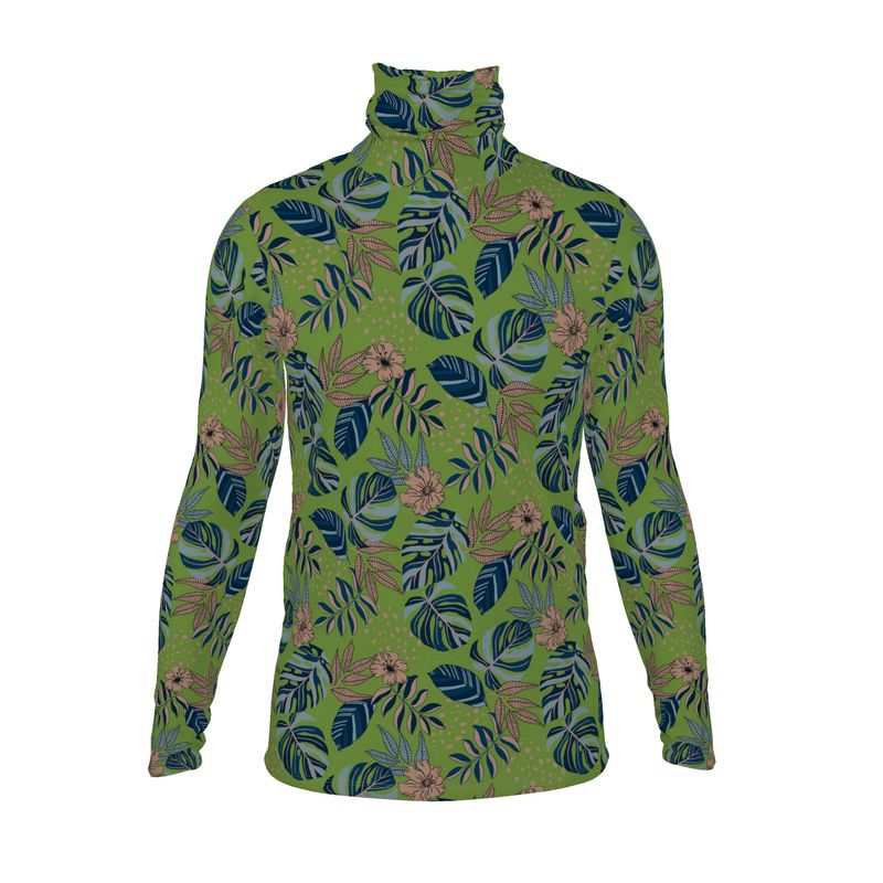 Men’s High-Roll Turtleneck — Midnight Monstera Olive Velour