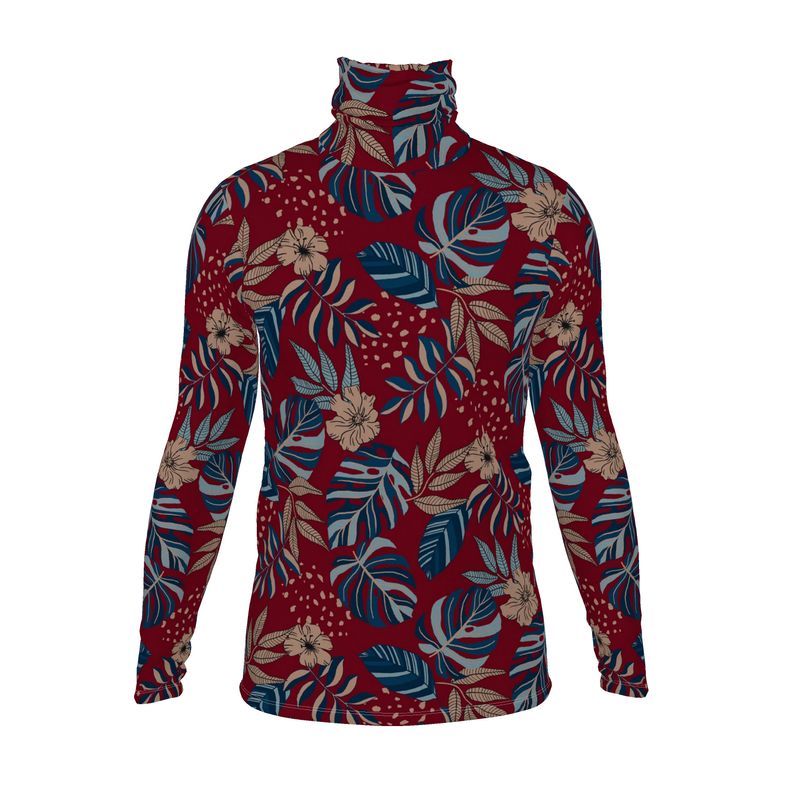 Men’s High-Roll Turtleneck — Midnight Monstera Ruby Red