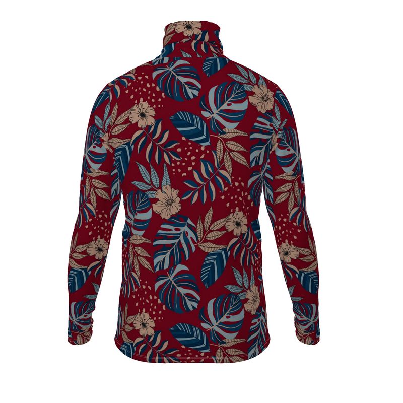 Men’s High-Roll Turtleneck — Midnight Monstera Ruby Red