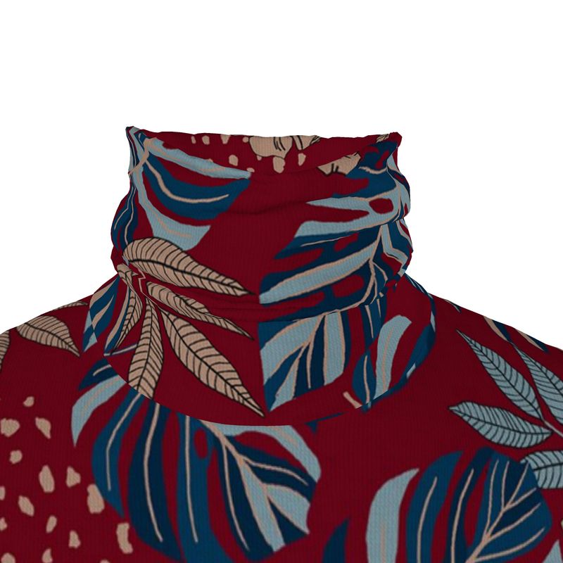 Men’s High-Roll Turtleneck — Midnight Monstera Ruby Red
