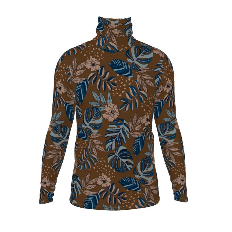 Men’s High-Roll Turtleneck — Midnight Monstera Roasted Teak