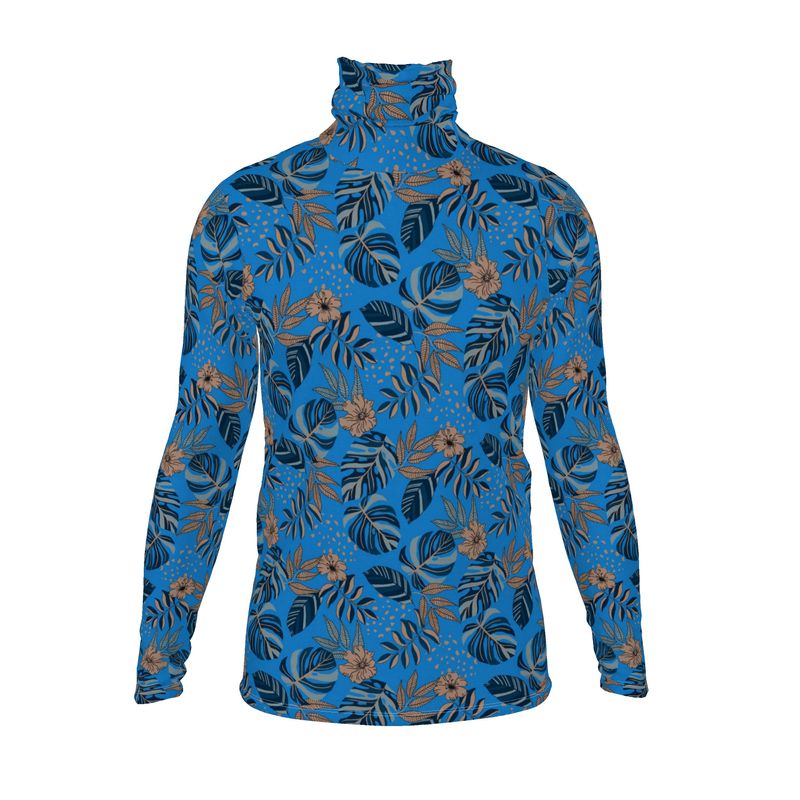 Men’s High-Roll Turtleneck — Midnight Monstera Azure Blue
